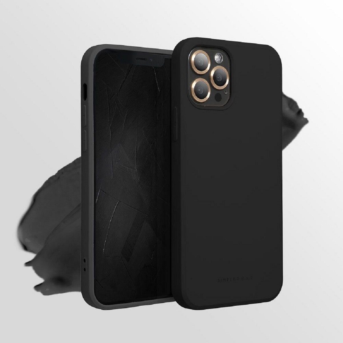 Zwei schwarze Smartphones. Eines in einer schwarzen Hülle, das andere daneben. Der Hintergrund ist weiß.