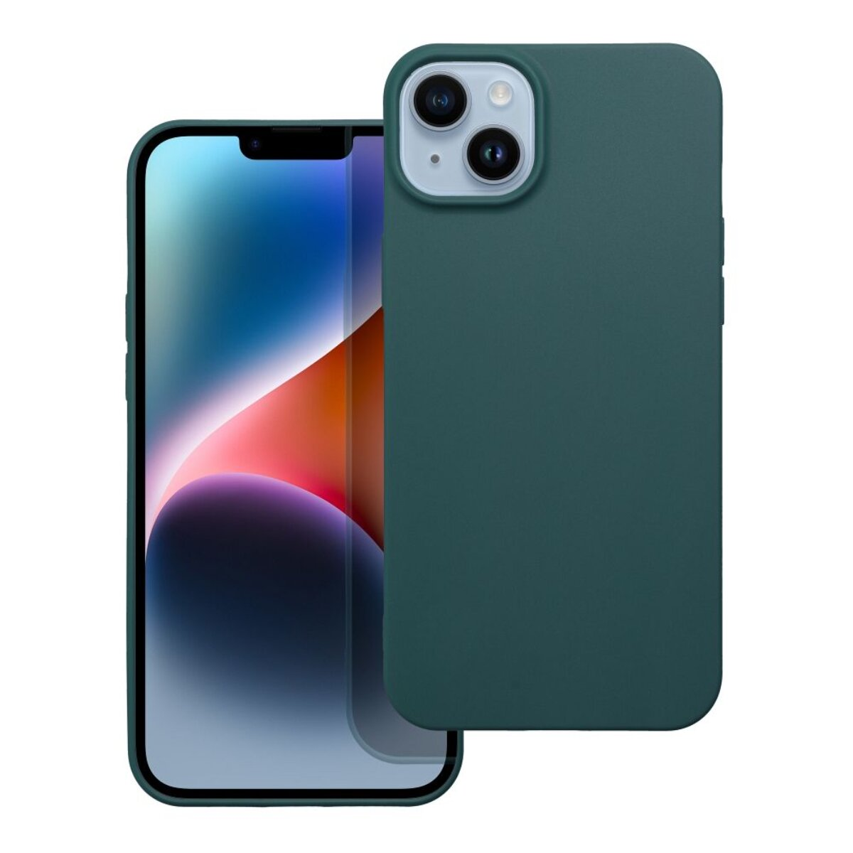 Ein iPhone mit grüner Hülle wird gezeigt und zeigt den Bildschirm mit einem bunten Hintergrundbild. Die Hülle hat einen Kameraausschnitt.