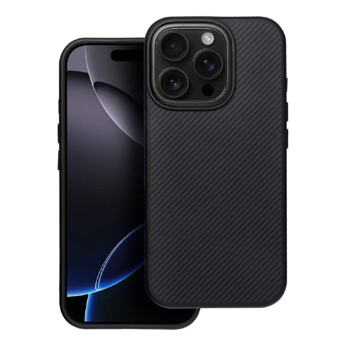 Ein schwarzes Smartphone mit strukturierter Hülle wird gezeigt. Der Bildschirm ist eingeschaltet, die Hülle hat ein Kameramodul.