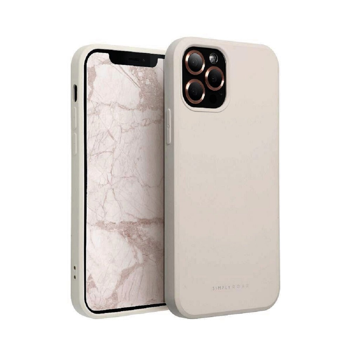 Zwei Smartphones, eines mit Marmormuster, das andere in einem hellbeigen Gehäuse. Beide werden vor weißem Hintergrund gezeigt.