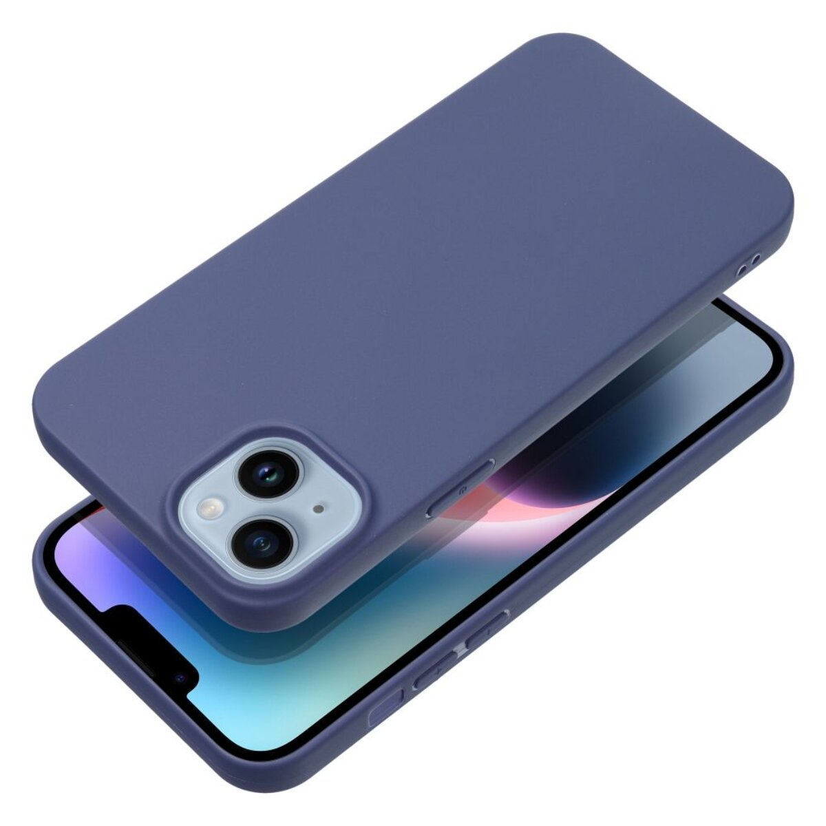 Eine dunkelblaue Handyhülle auf einem Handy. Das Handy hat einen Bildschirm mit farbenfroher Anzeige und ein Kameramodul.