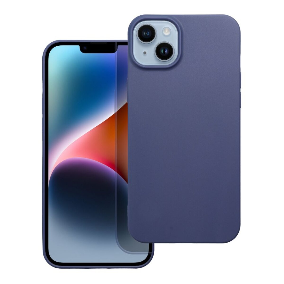 Ein Smartphone mit blauem Gehäuse. Der Bildschirm zeigt ein farbenfrohes Bild. Das Gehäuse hat Kameraausschnitte.