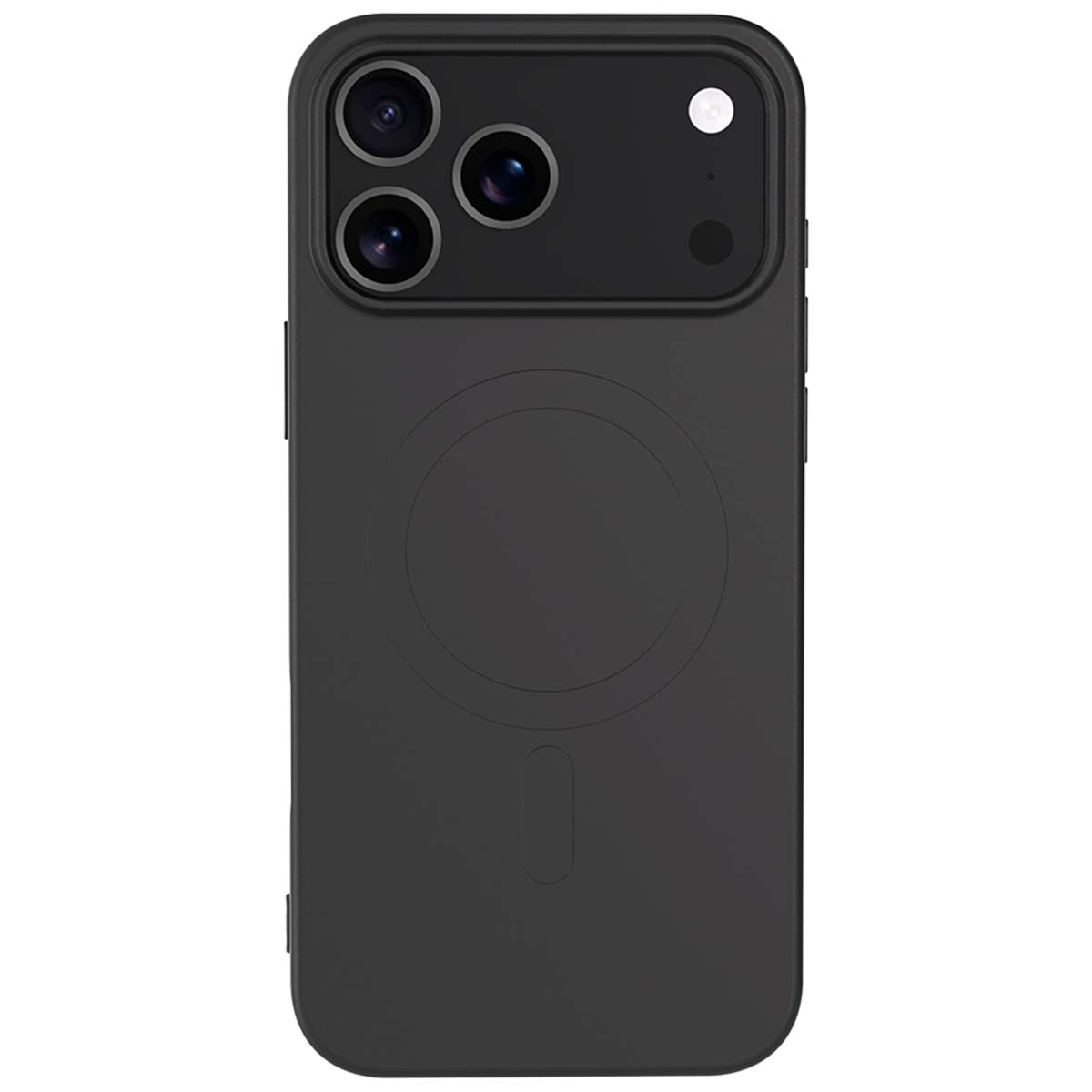 Custodia per telefono nera con ritagli per fotocamera e design circolare sul retro. Ha un design verticale e pulsanti laterali.