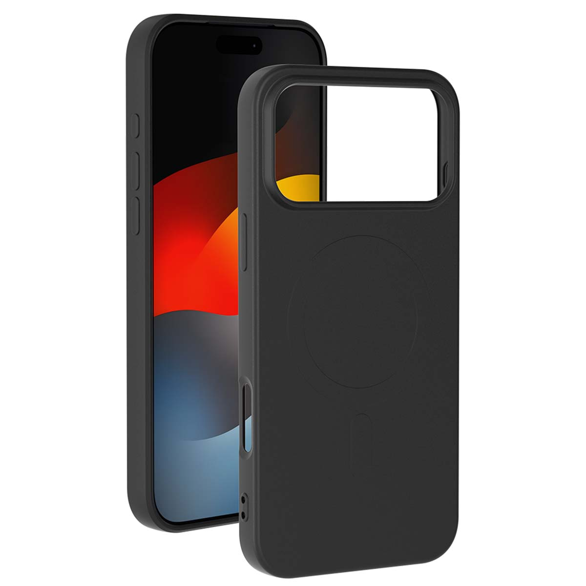 Una custodia nera per telefono accanto a uno smartphone nero, che mostra lo schermo del telefono con colori rossi e gialli.