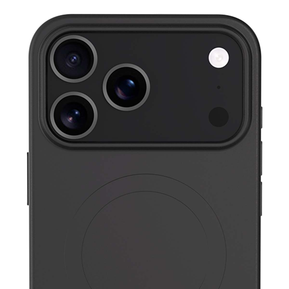 Primo piano di una custodia per telefono nera con tre lenti della fotocamera, un flash e un cerchio nero.