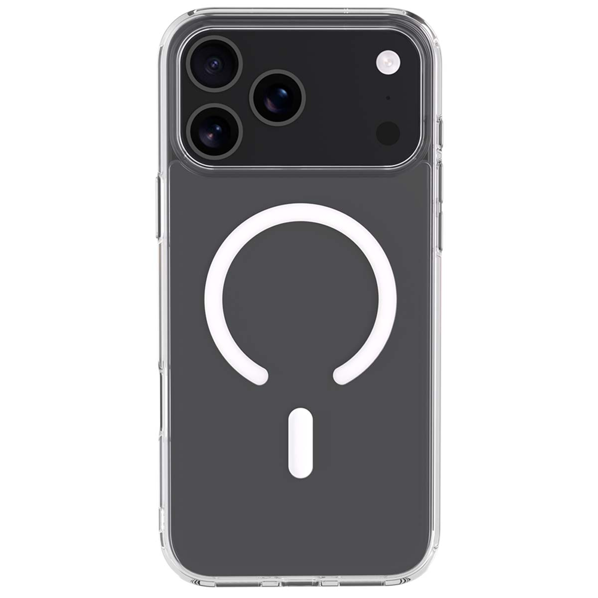 Custodia trasparente per telefono con anello e linea magnetici bianchi e modulo fotocamera con tre lenti.