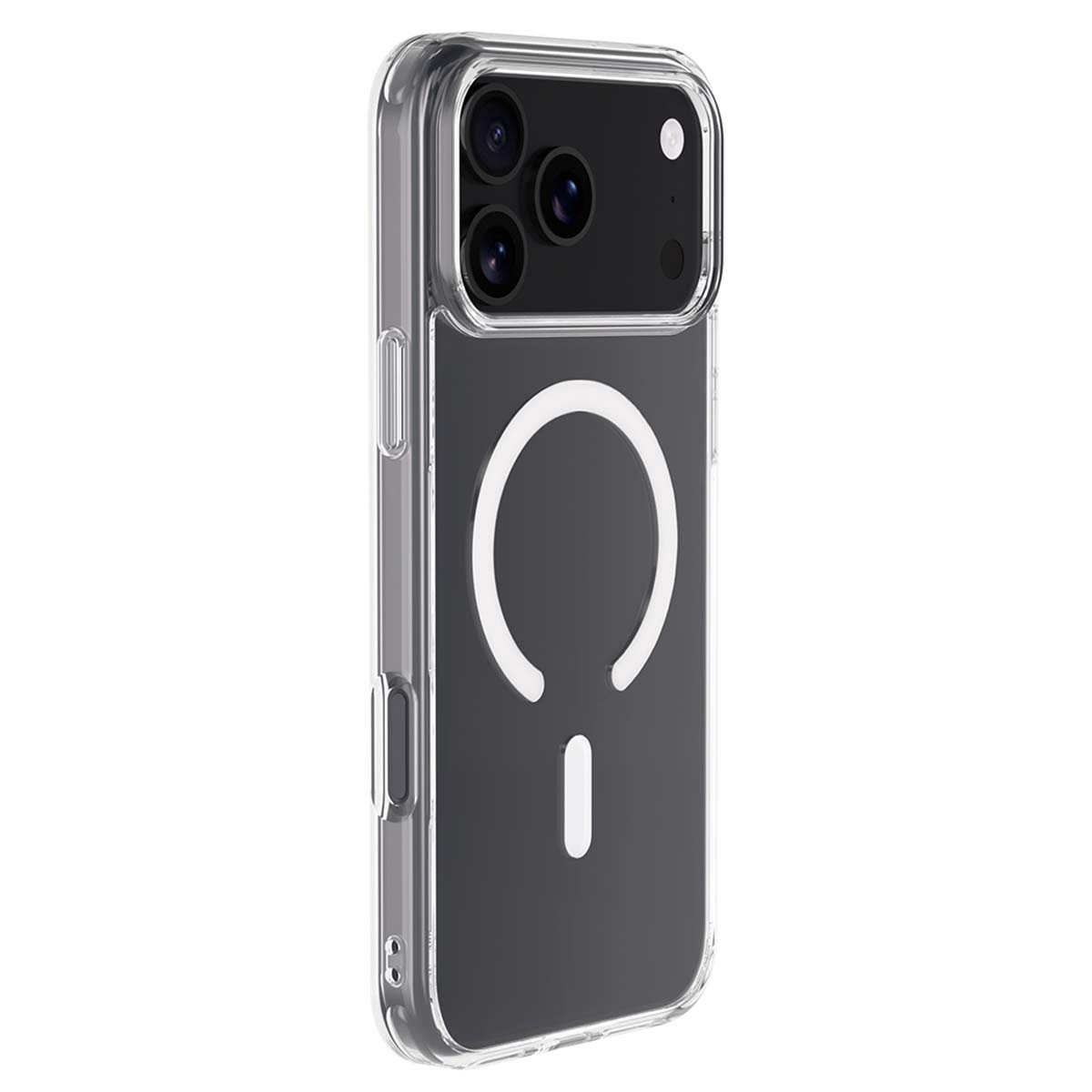 Una custodia trasparente per telefono con retro nero, con un cerchio bianco e un segno meno. Ritaglio fotocamera con tre lenti.