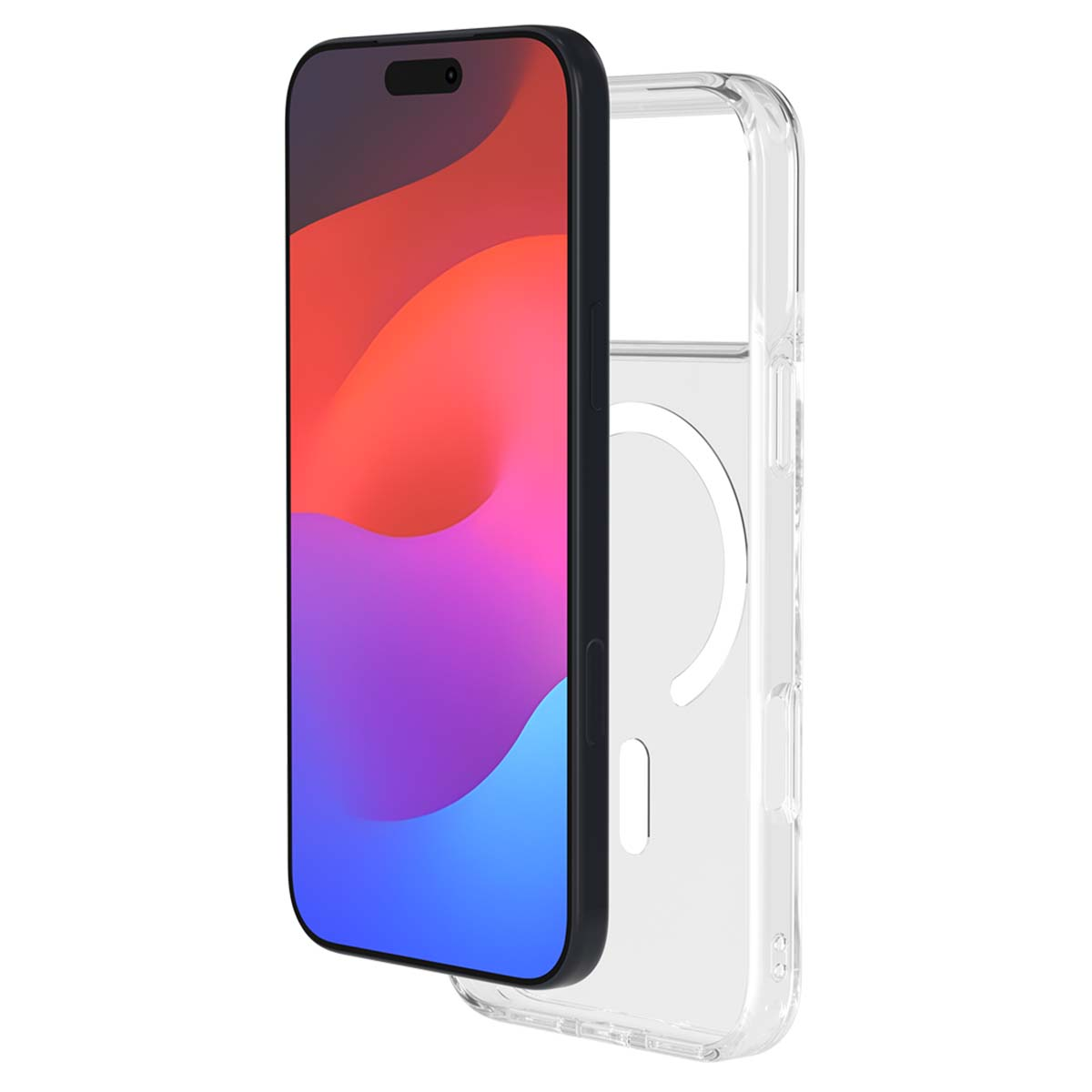 Uno smartphone con schermo colorato si trova accanto a una custodia protettiva trasparente. Il telefono è nero e la custodia è trasparente.