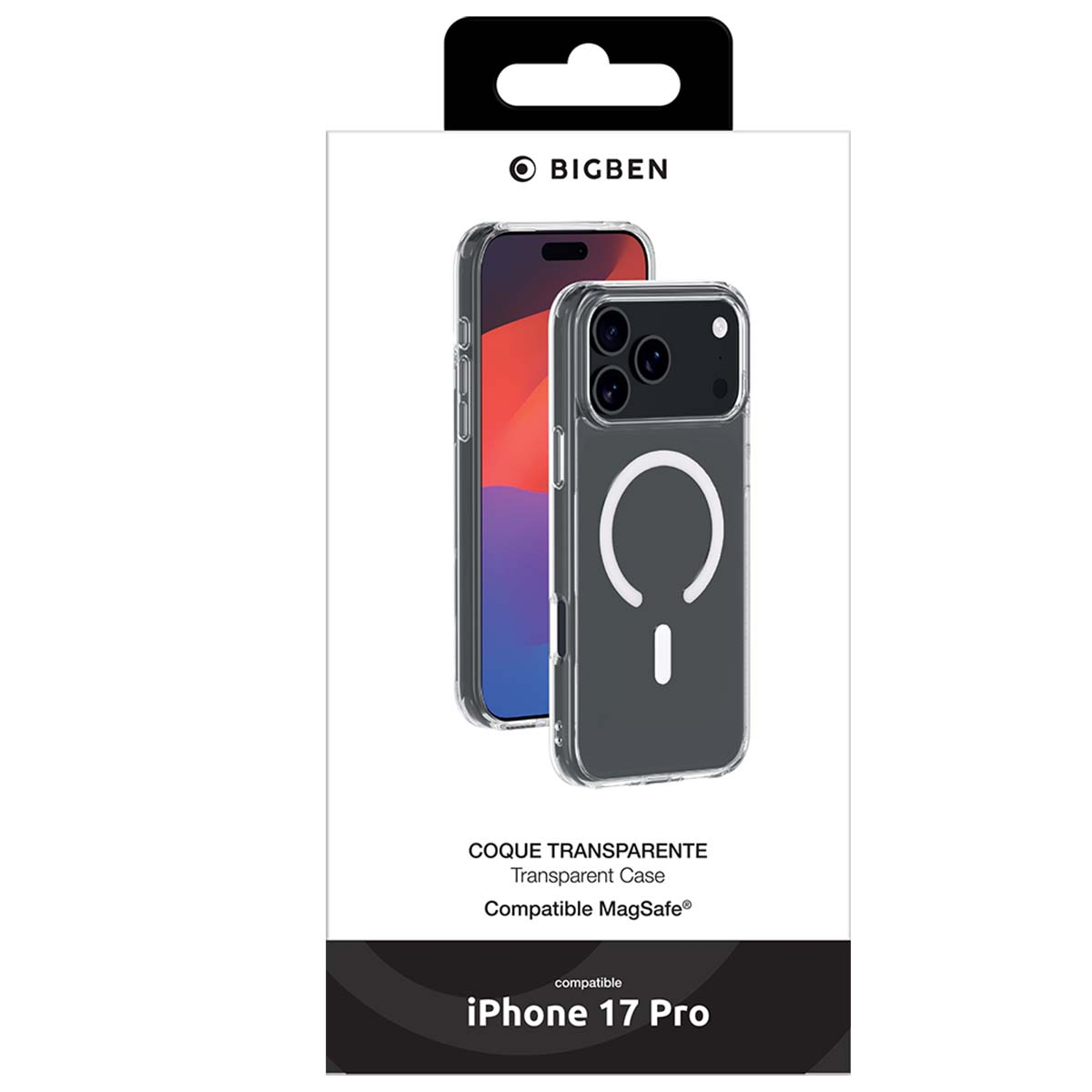 Una custodia per iPhone 17 Pro. La custodia è trasparente e mostra il telefono all'interno. La confezione ha il logo Bigben.