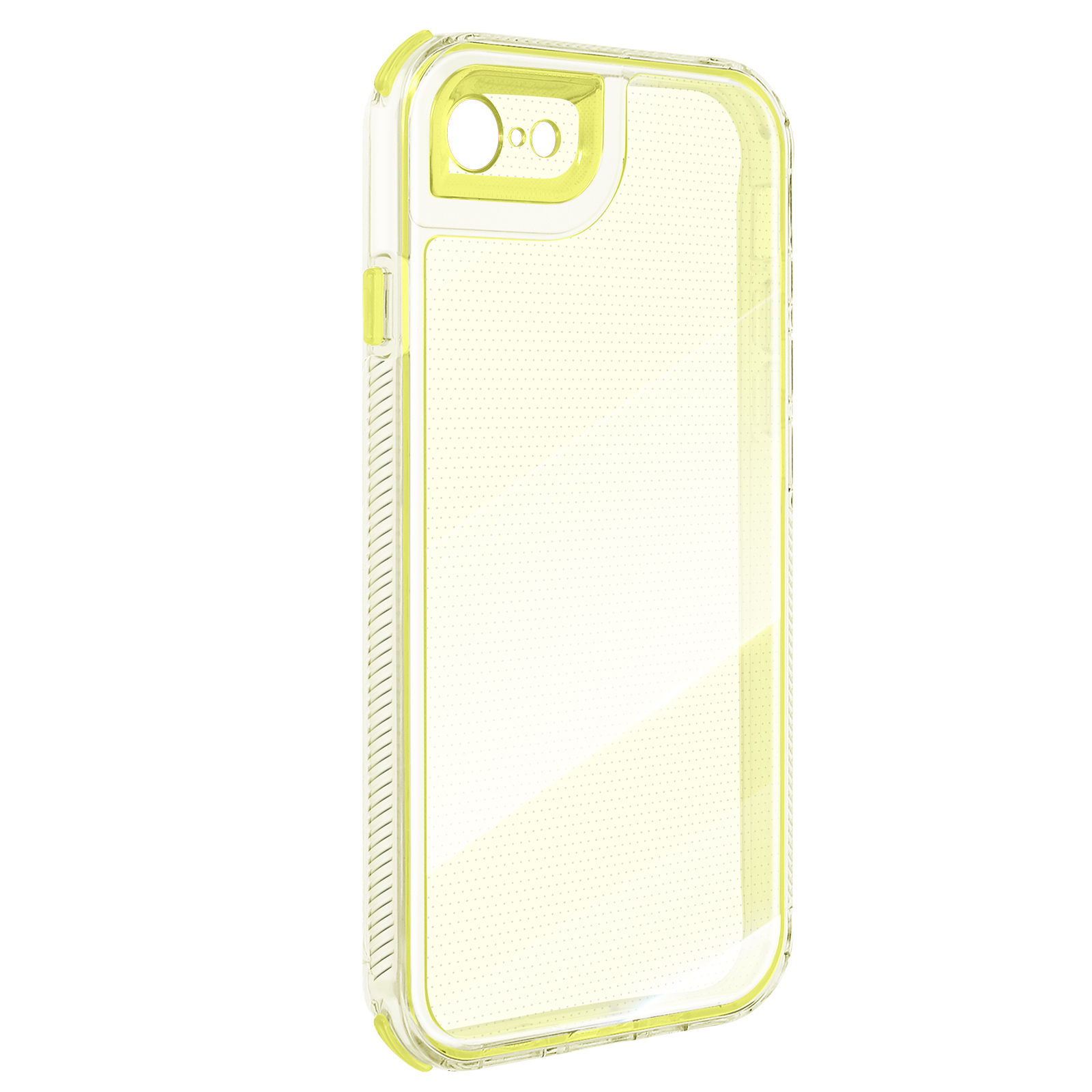Eine transparente Handyhülle mit gelben Rändern. Sie hat Kameraausschnitte und ein gepunktetes Muster im Inneren.