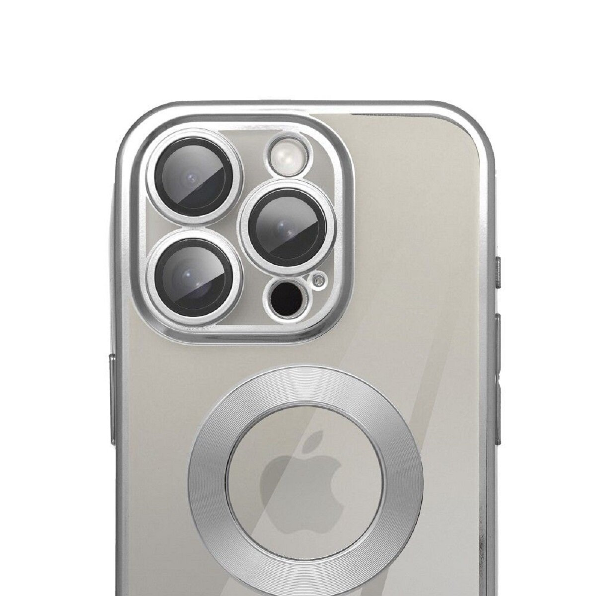 Nahaufnahme einer Handyhülle mit mehreren Kameralinsen und einem Apple-Logo.