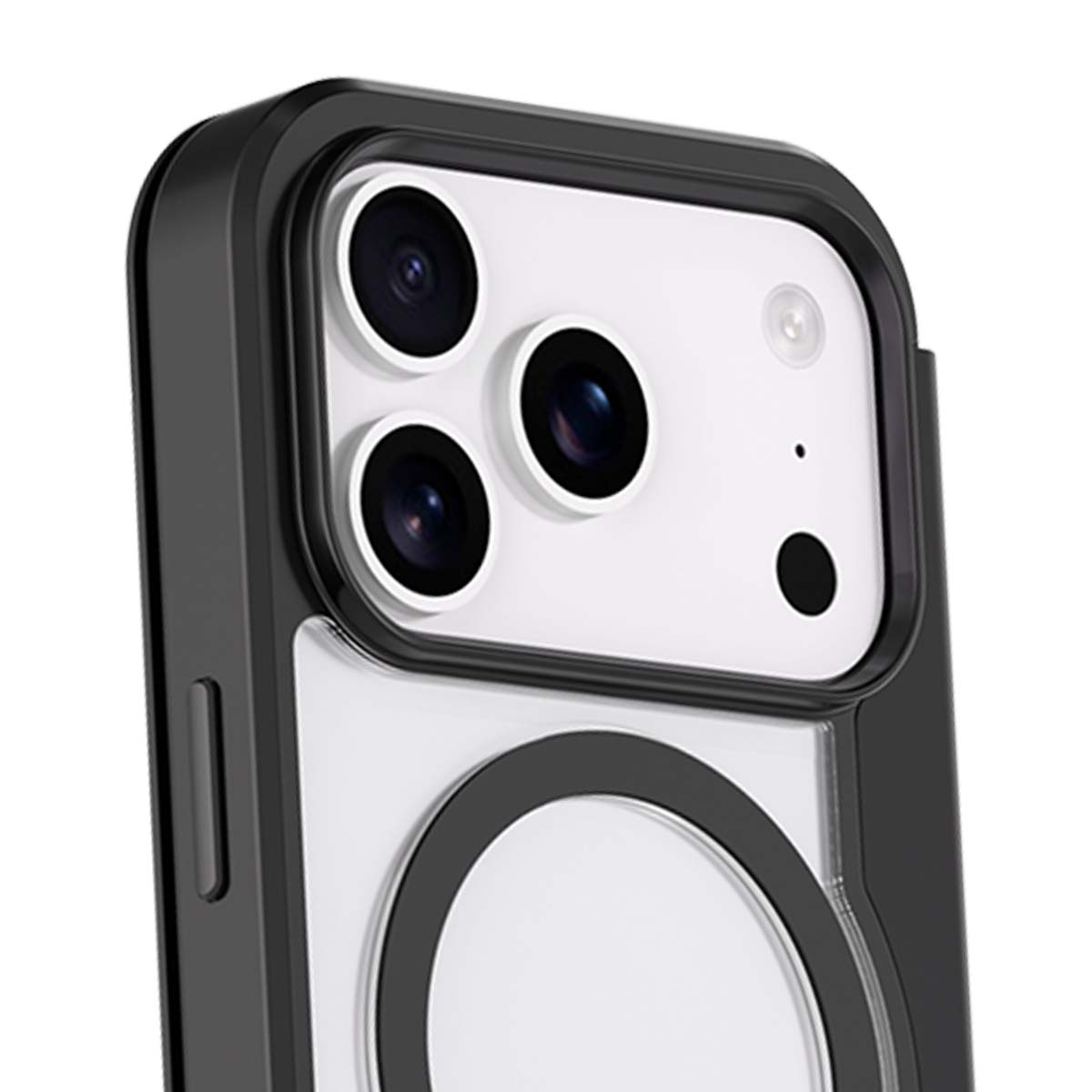 Primer plano de una funda de teléfono. Visibles las lentes de la cámara, el flash y un diseño circular negro.