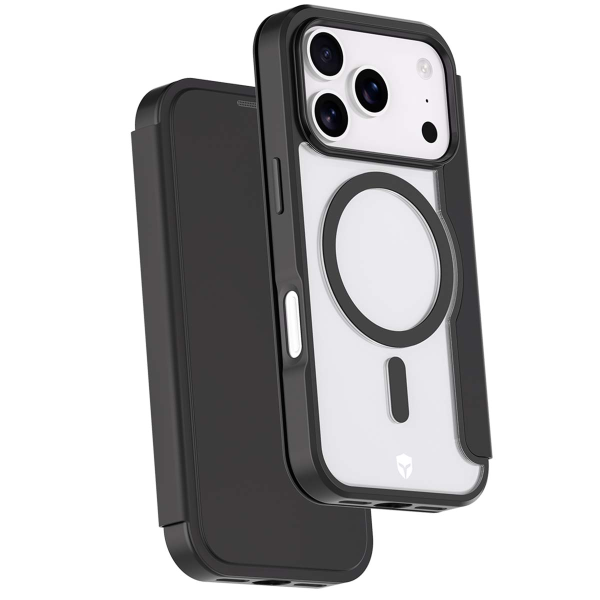 Funda negra para teléfono con parte trasera transparente y marco negro. La funda está sujeta a un teléfono negro. Las lentes de la cámara son visibles.