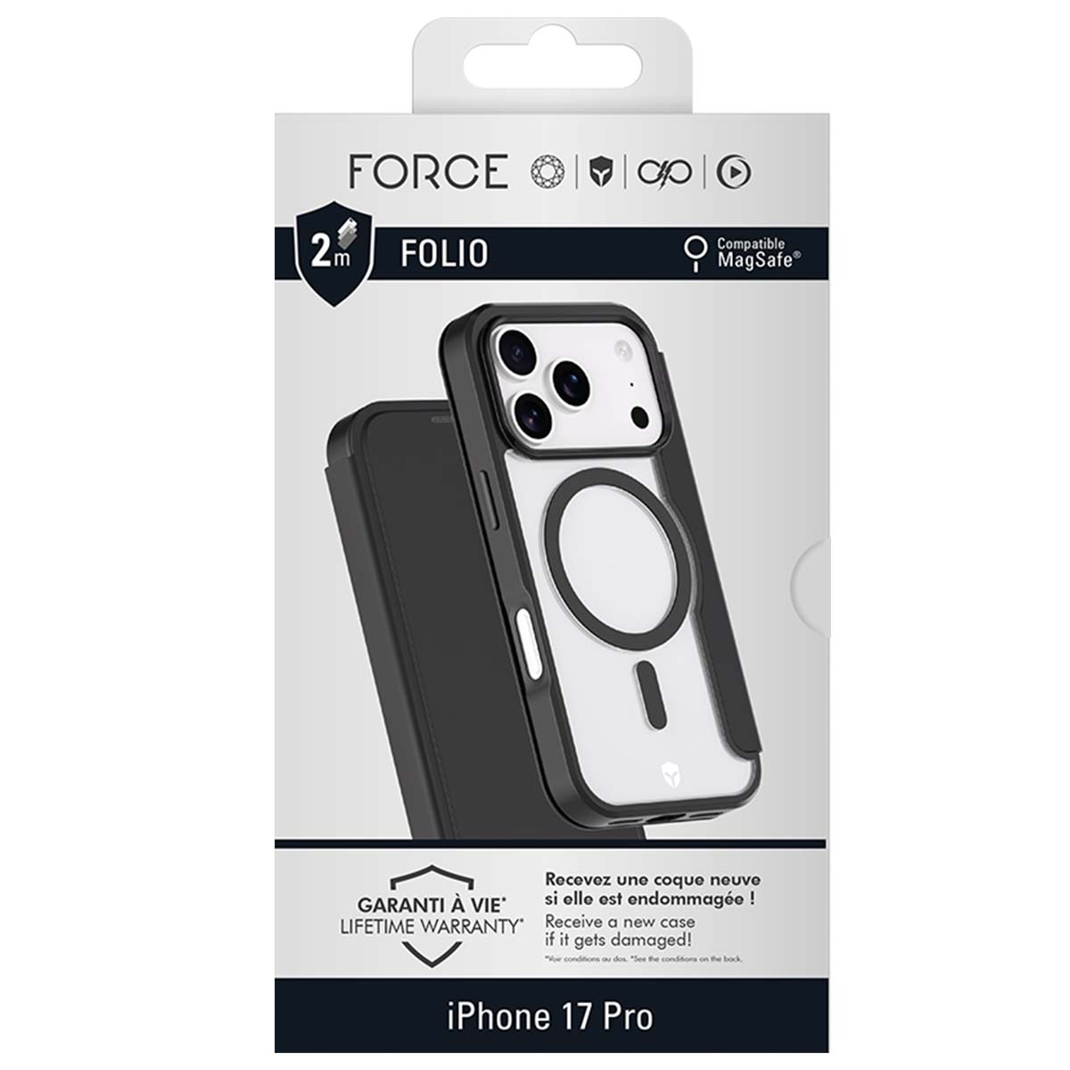 Una caja de funda de teléfono con una funda para iPhone 17 Pro. Incluye MagSafe, garantía de por vida y la marca Force.