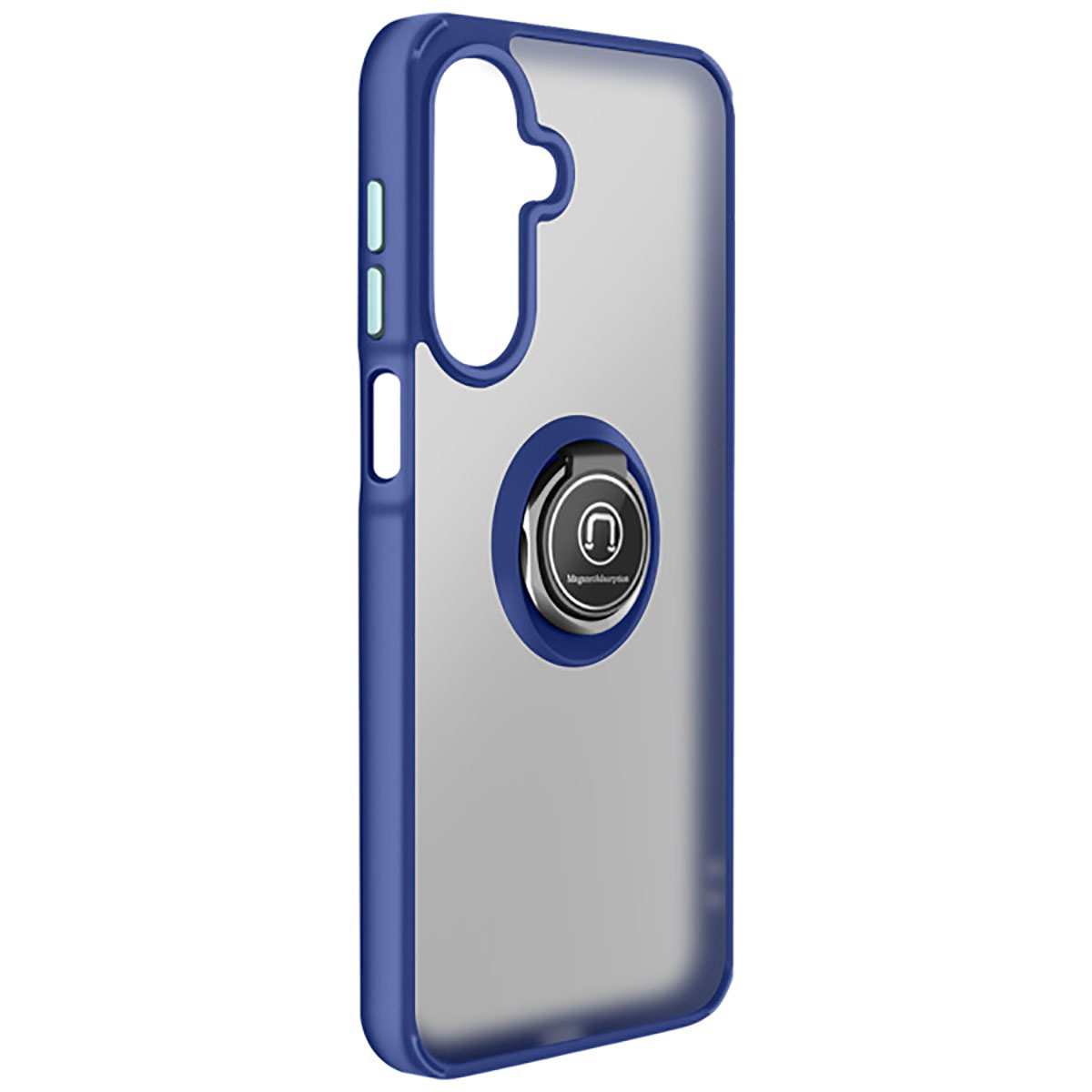 Une coque de téléphone avec un cadre bleu, un dos transparent et un support de bague argenté. L'anneau a un design circulaire.