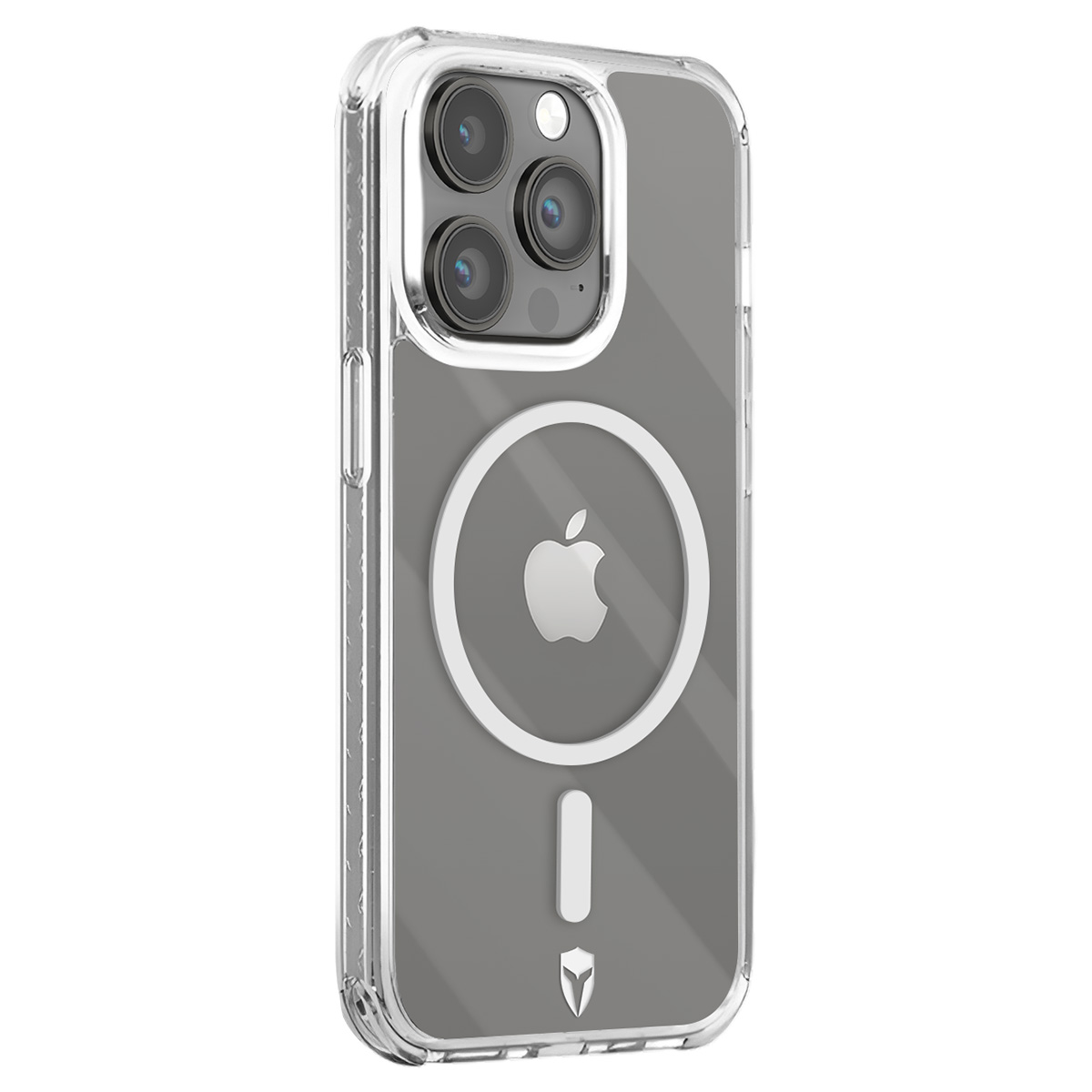 Custodia trasparente per iPhone con tre lenti, logo Apple e anello magnetico circolare bianco. Sfondo bianco.