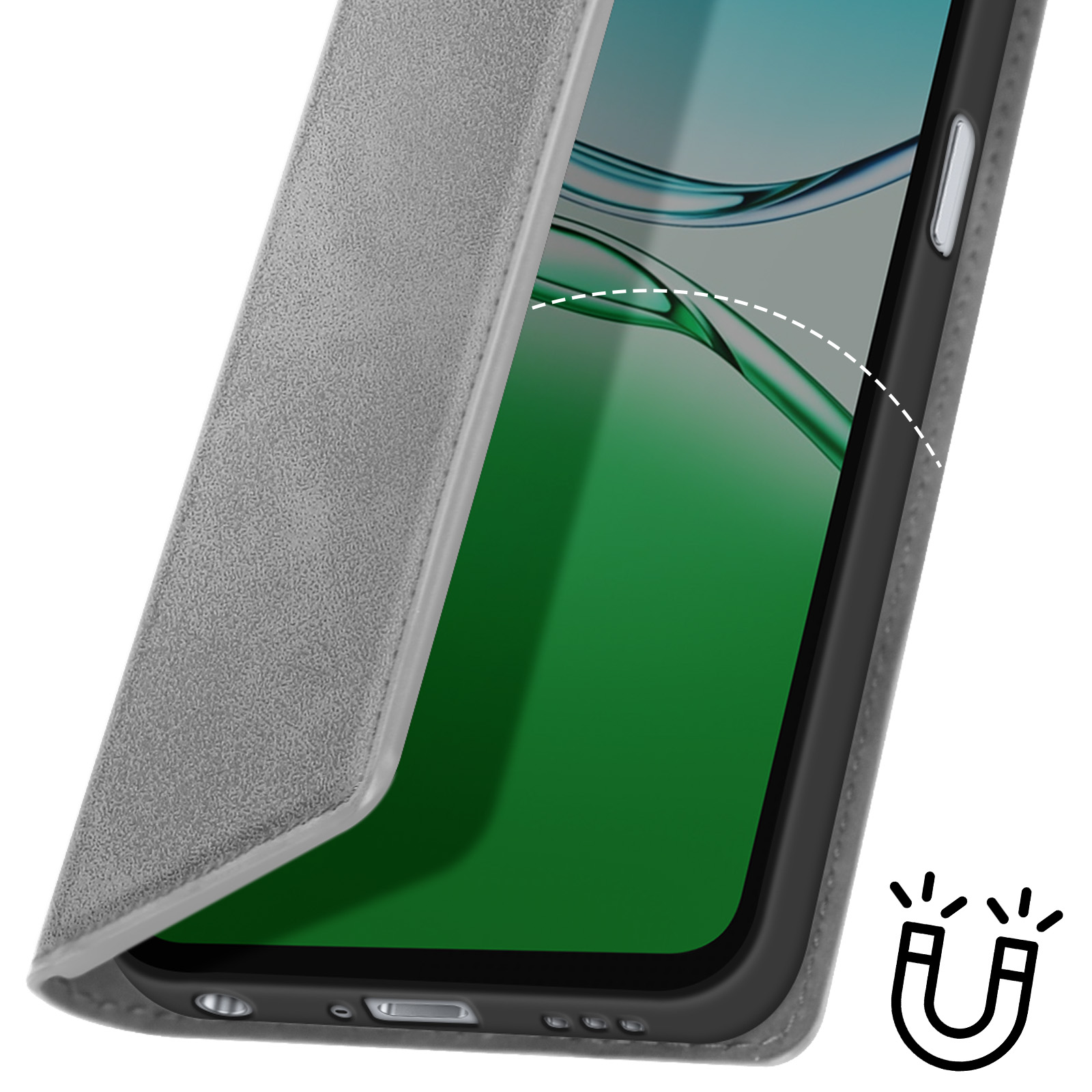 Eine graue Handyhülle ist geöffnet und zeigt einen grünen Bildschirm. Eine gepunktete Linie zeigt den Magnetverschluss. Ein Magnet-Symbol ist vorhanden.
