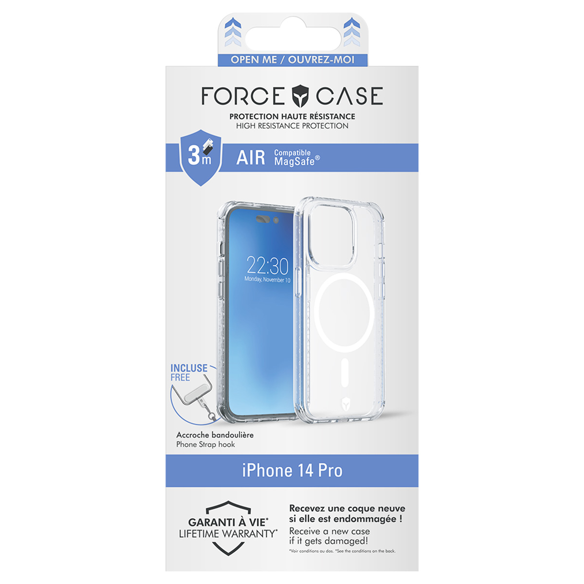 Una confezione di custodia per telefono. Mostra una custodia trasparente per iPhone 14 Pro e un telefono. Il testo include 'FORCE CASE' e 'LIFETIME WARRANTY'.