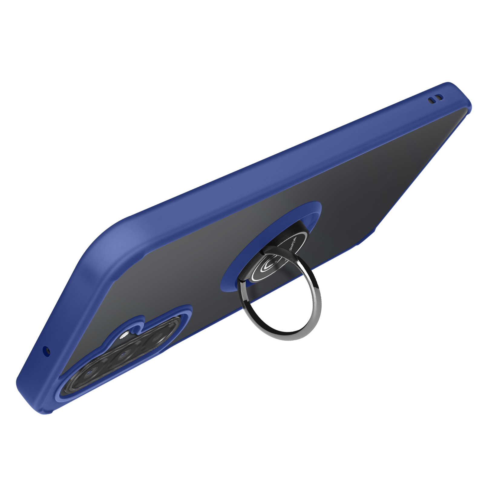 Une coque de téléphone bleue avec un support de bague. L'étui a une découpe pour l'appareil photo et est sur fond blanc.
