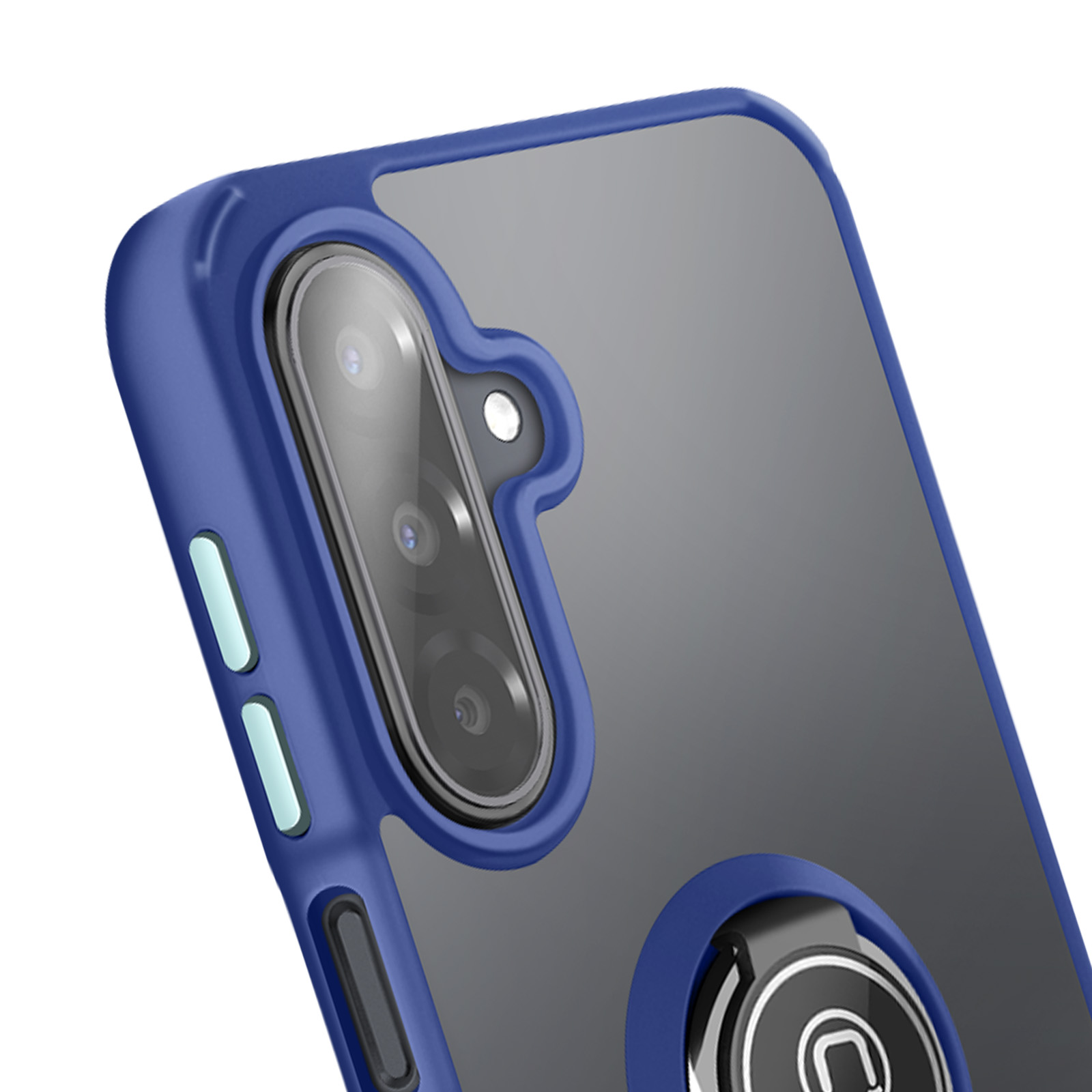 Gros plan sur une coque de téléphone bleue avec appareil photo, support de bague et boutons. Il a un dos teinté gris.
