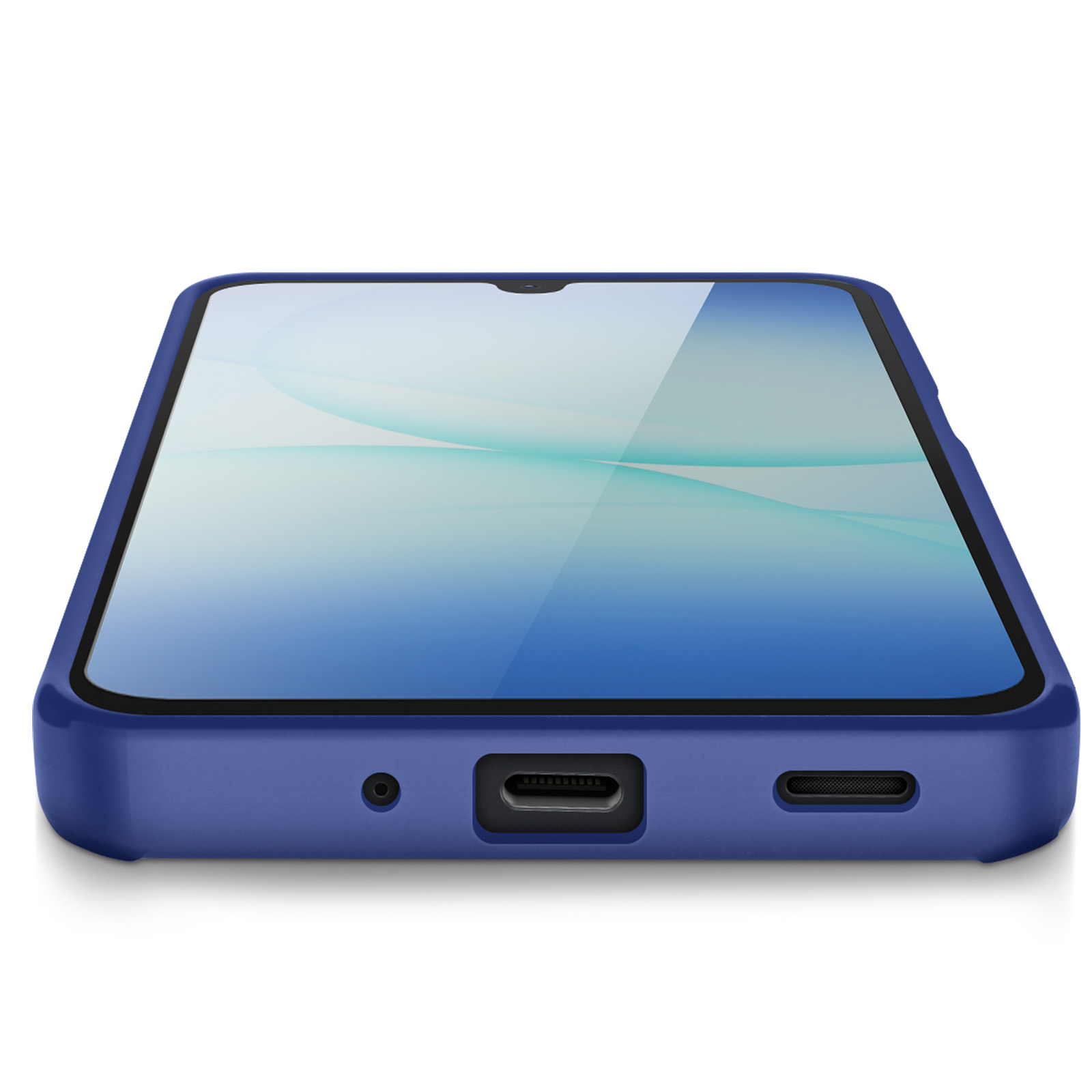 Un téléphone bleu dans un étui bleu. L'écran affiche un motif bleu et blanc. Le fond est blanc.