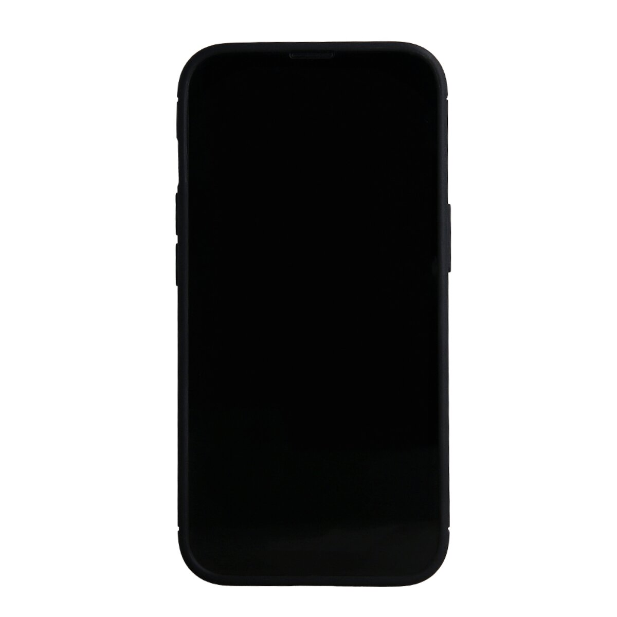 Ein schwarzes Smartphone mit schwarzem Bildschirm steht mittig auf weißem Hintergrund. Das Telefon hat ein glattes, abgerundetes Design.