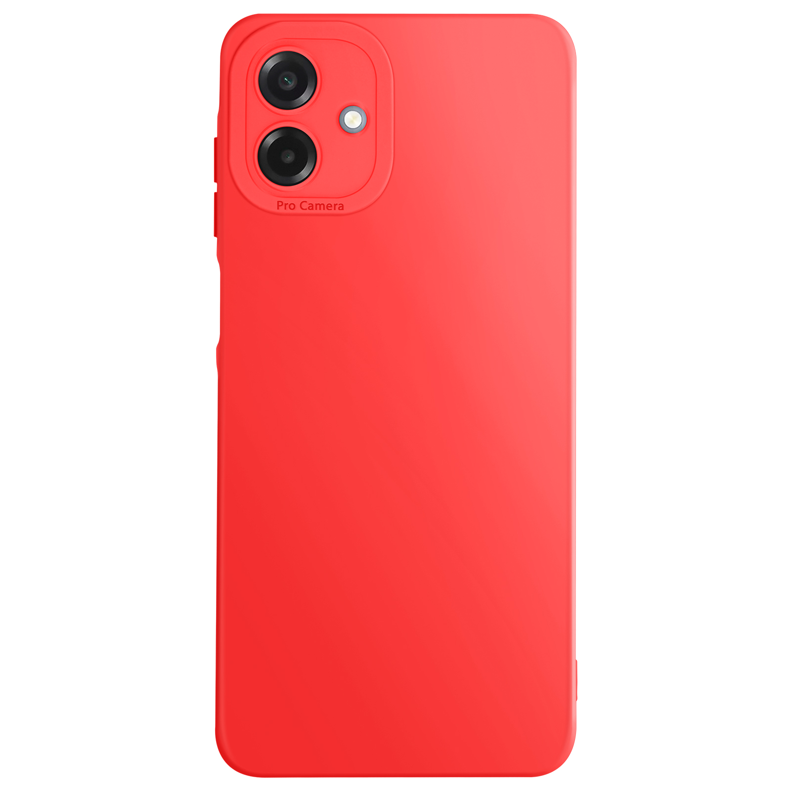 Un étui de téléphone rouge avec deux objectifs et les mots 'Pro Camera' sur fond blanc.