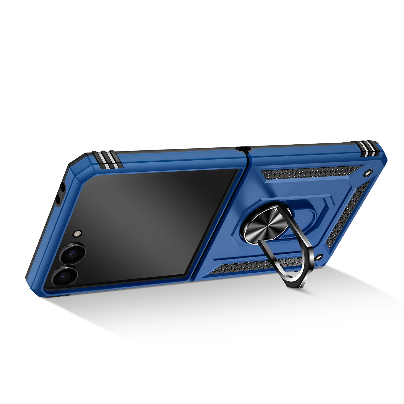 Una custodia blu per telefono con supporto ad anello. Il telefono è nero. È posizionato su una superficie bianca.