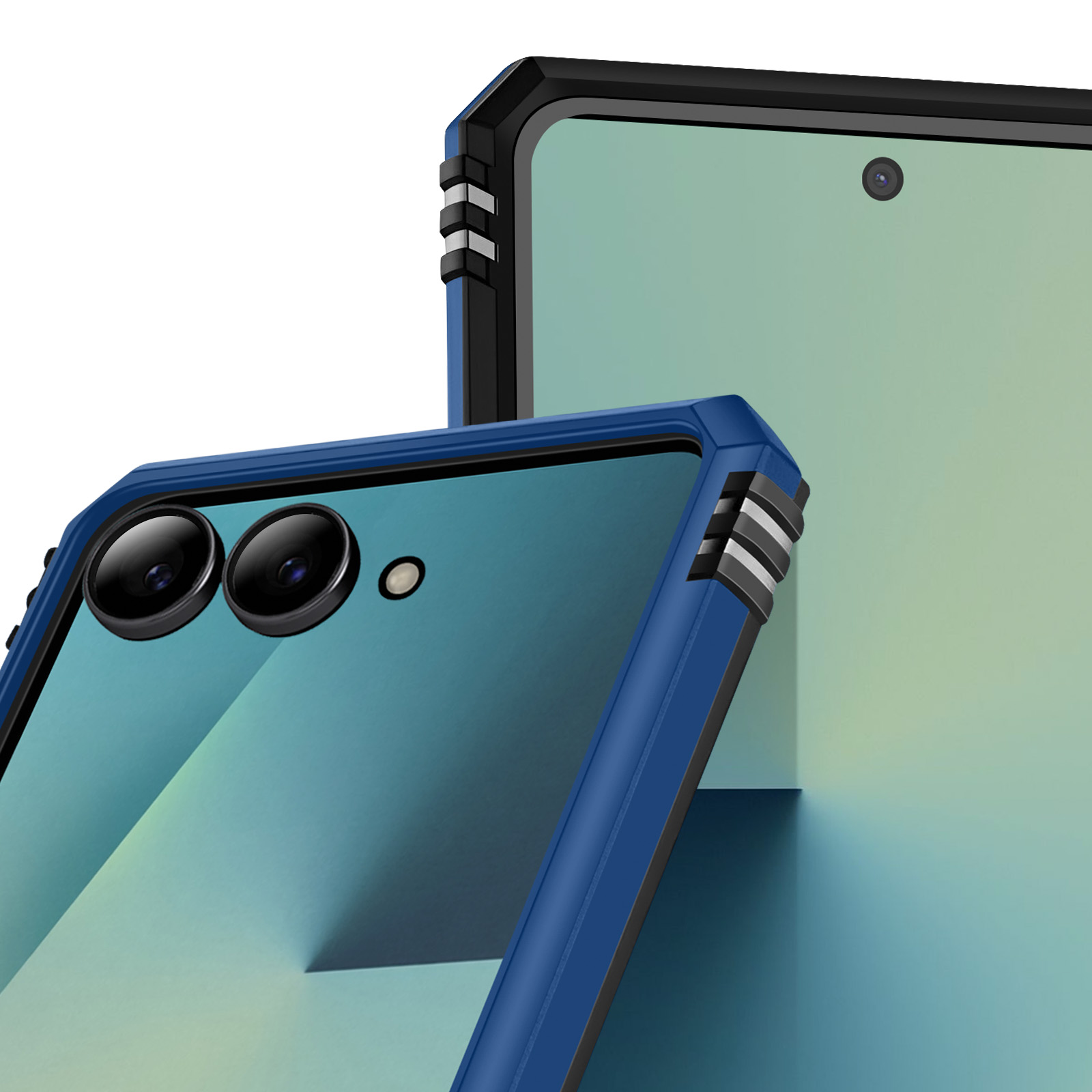 Primo piano di due smartphone con custodie blu. Un telefono mostra gli obiettivi della fotocamera e uno schermo blu-verde.