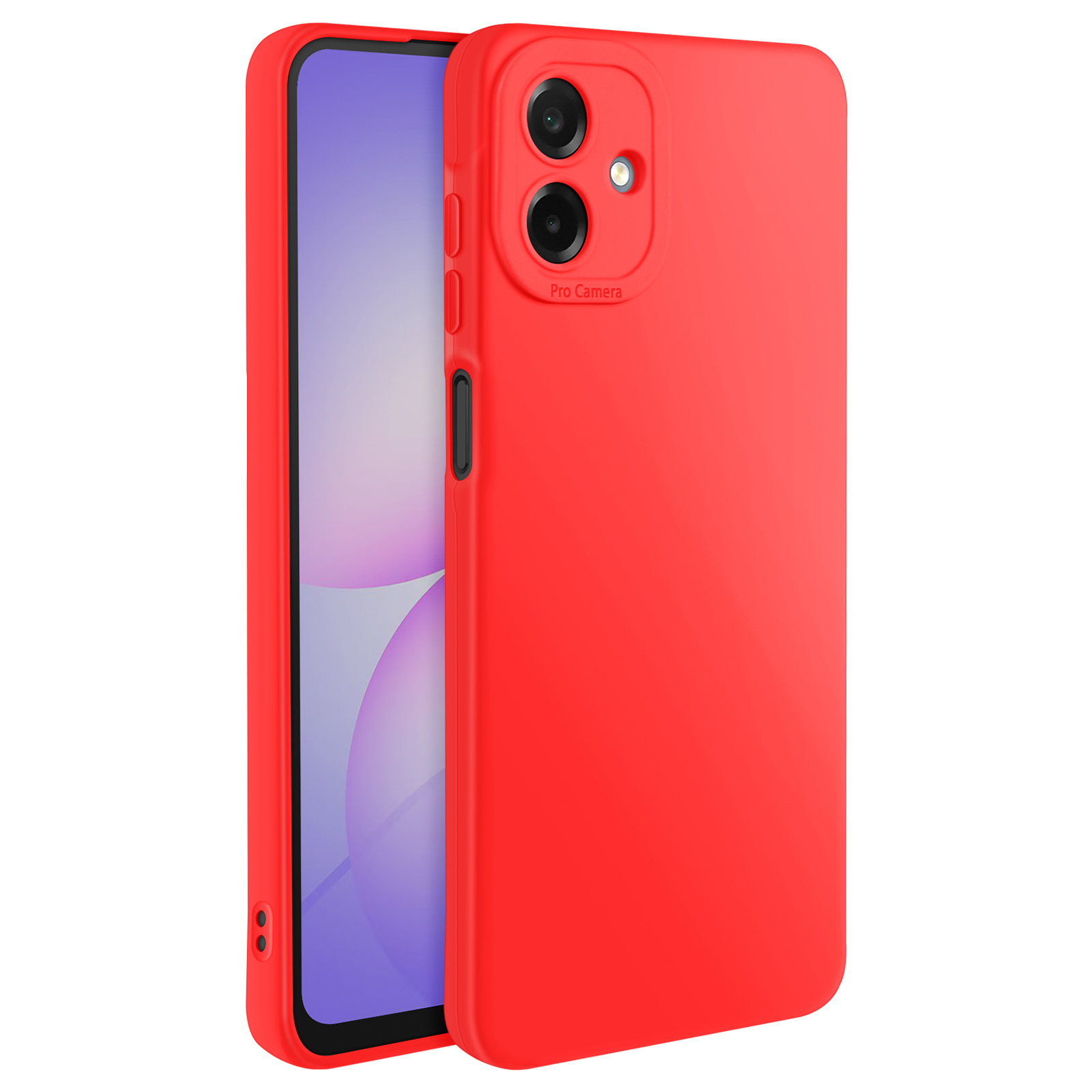 Un étui de téléphone rouge avec un téléphone à l'intérieur. L'étui a des découpes pour l'appareil photo et des boutons. L'écran affiche un design violet et blanc.