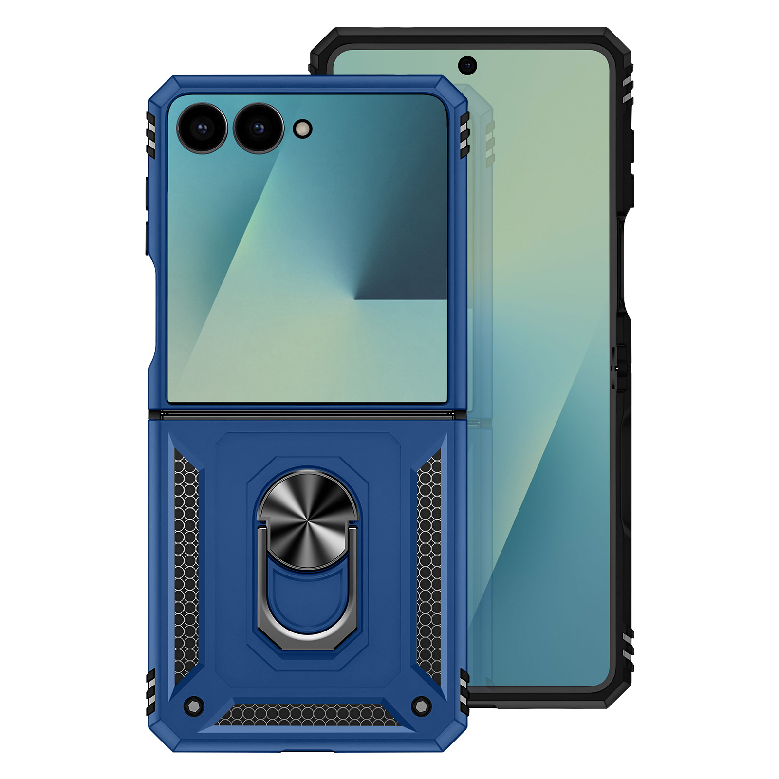 Una custodia blu con anello di supporto, aperta, accanto a un telefono. La custodia ha fori per la fotocamera e un telaio nero.