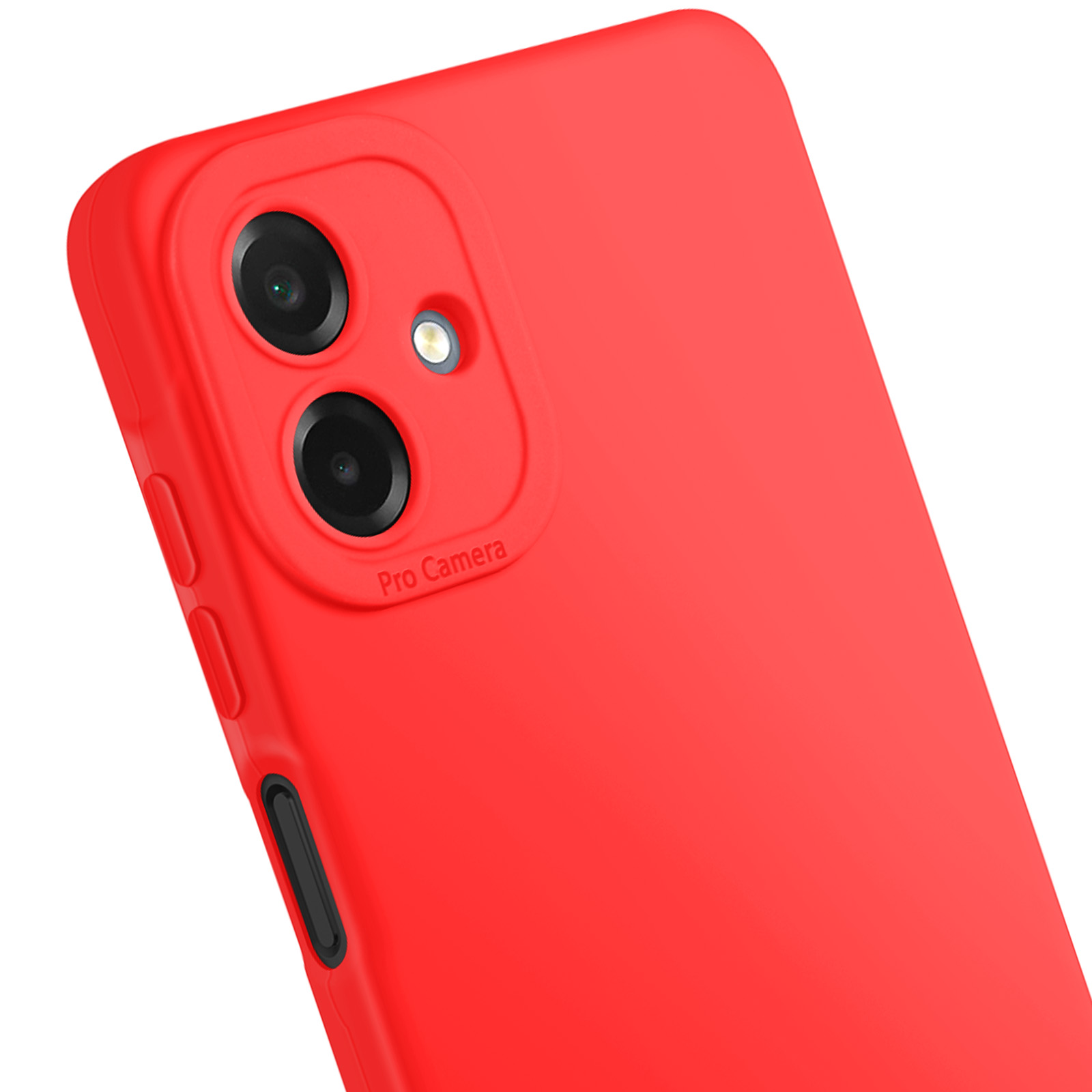 Coque de téléphone rouge avec bosse de caméra, deux lentilles et flash. Texte 'Pro Camera' visible.