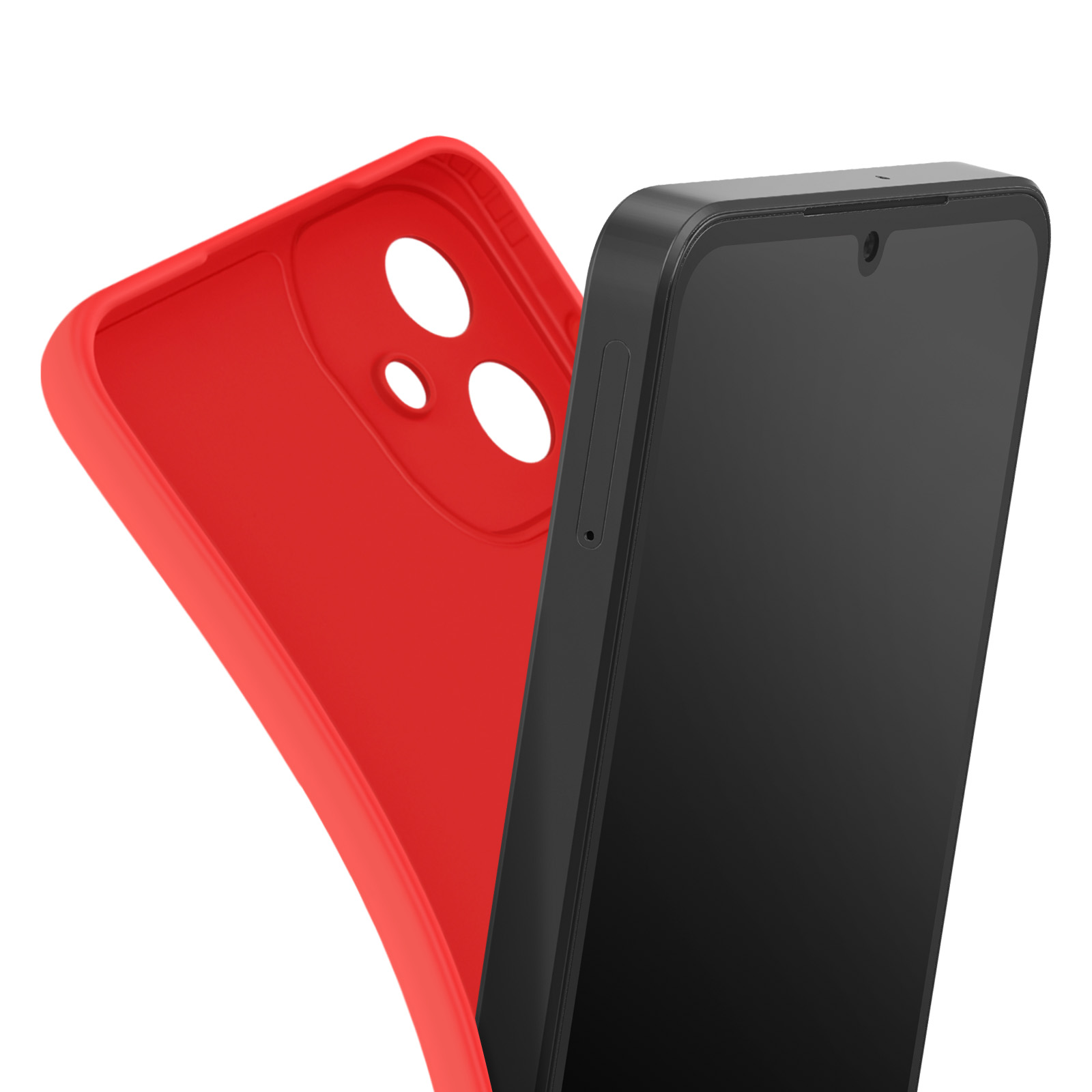 Un smartphone noir à écran noir est à côté d'une coque rouge. Fond blanc.