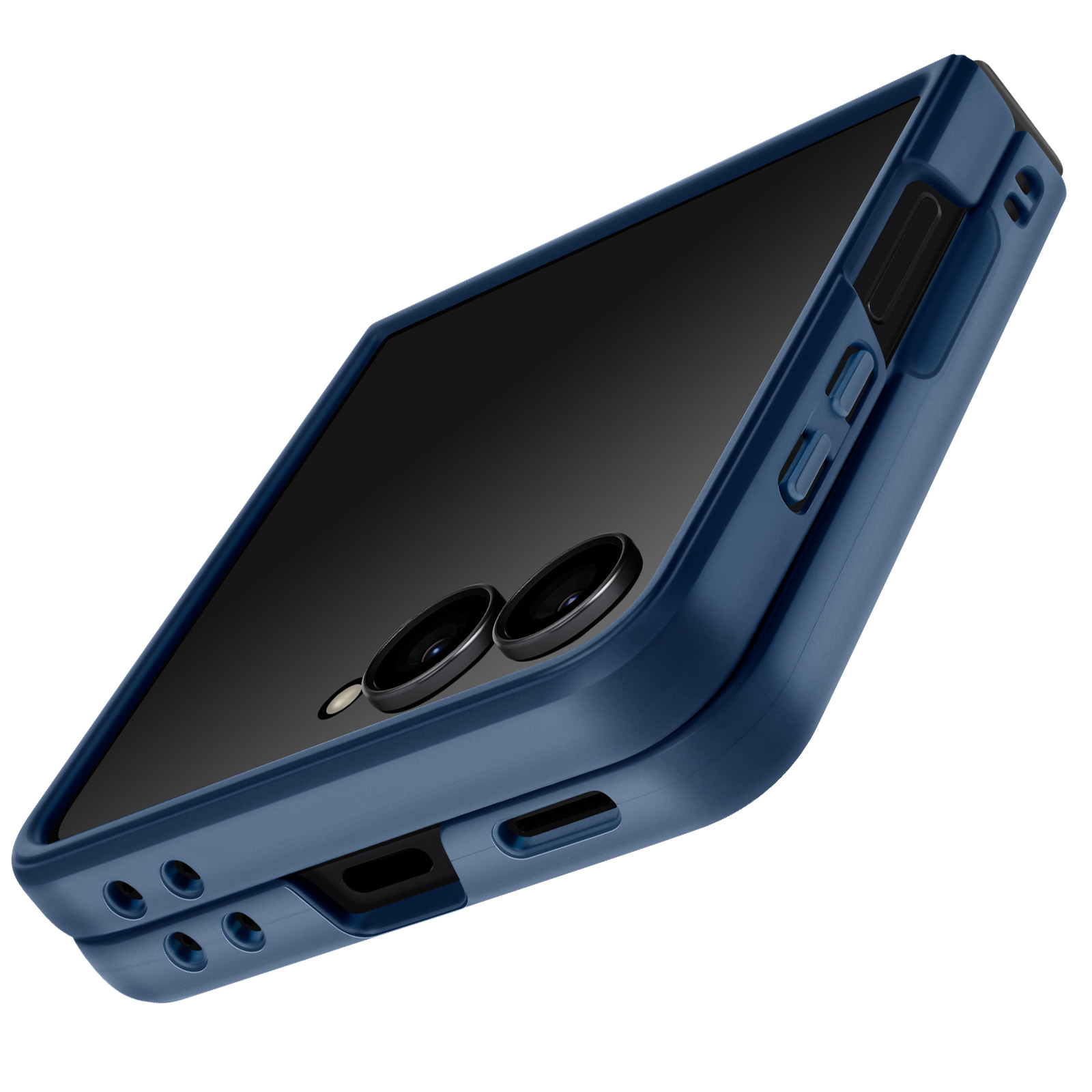 Une coque de téléphone bleu foncé. Elle a un écran noir et deux lentilles de caméra sont visibles. Le fond est blanc.