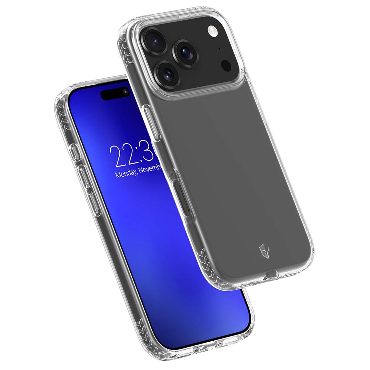 Due smartphone, uno mostra 22:30, lunedì novembre. Entrambi i telefoni hanno custodie protettive trasparenti. Un telefono fluttua sopra l'altro.