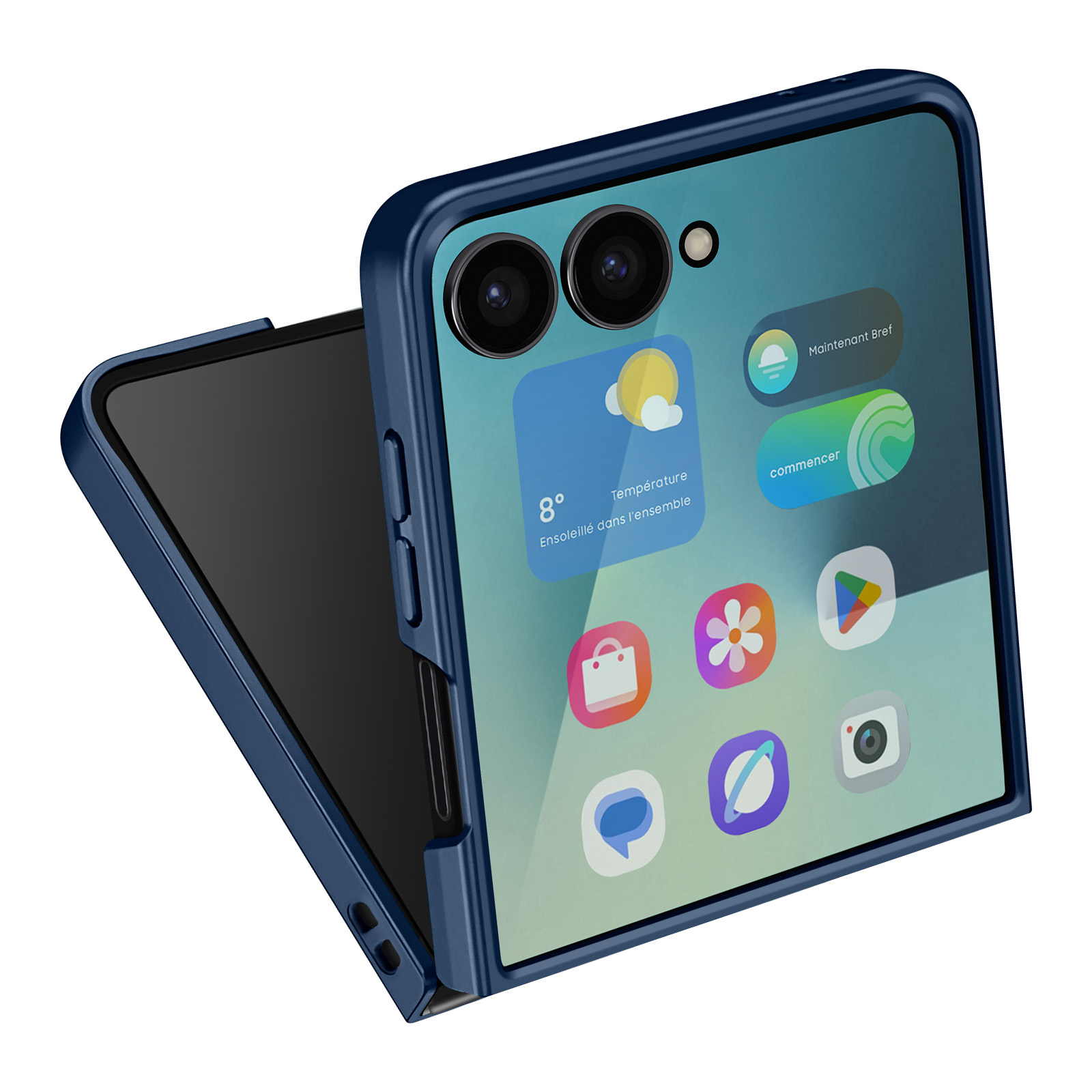 Coque de téléphone bleu foncé ouverte, révélant un écran avec des applications. Icônes météo et autres.