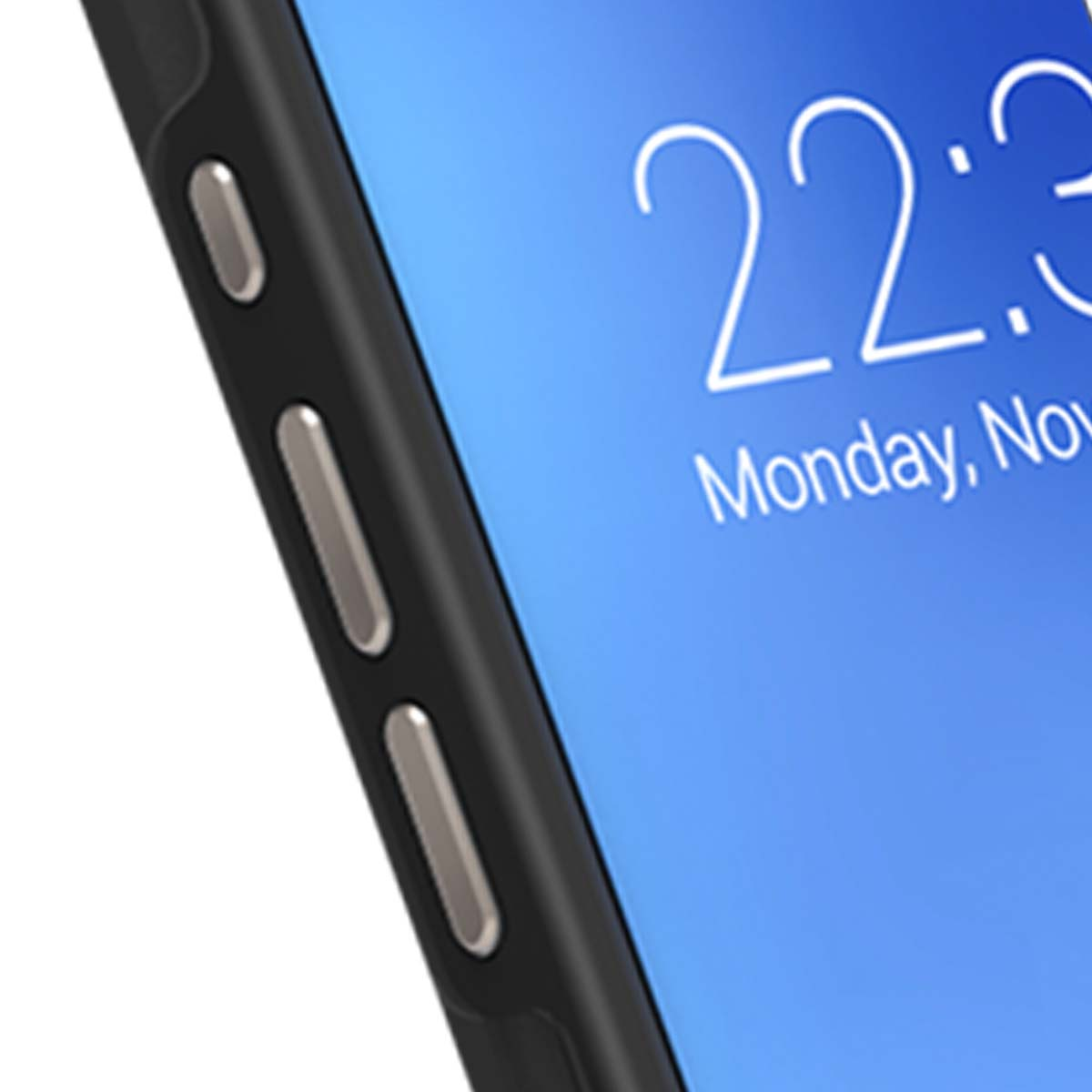 Una vista ravvicinata del lato di un telefono con pulsanti e uno schermo che mostra l'ora e la data: 22:30, lunedì, nov.