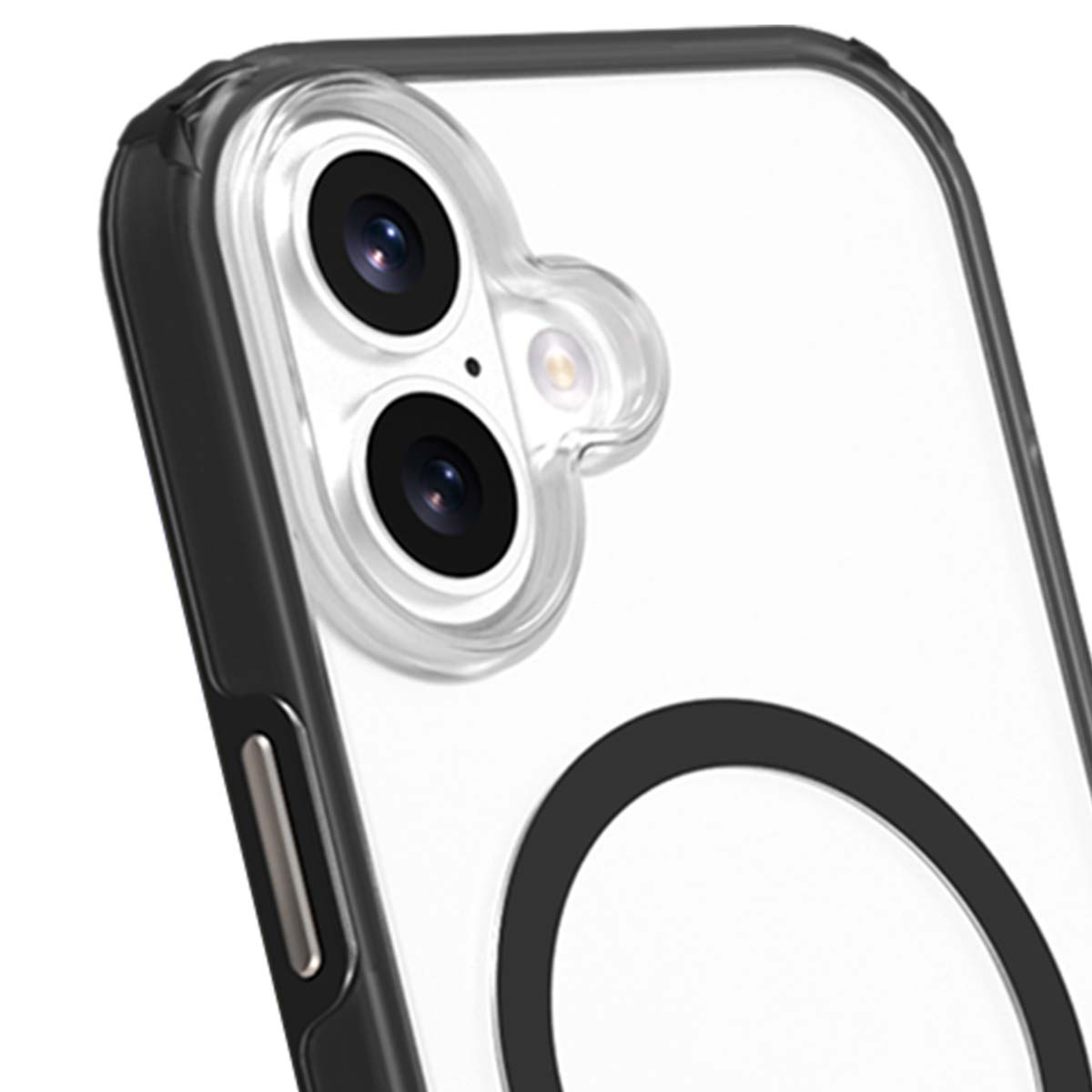 Primo piano di una custodia per telefono. La custodia è trasparente con bordo nero. Visibili le lenti della fotocamera del telefono e un anello nero.
