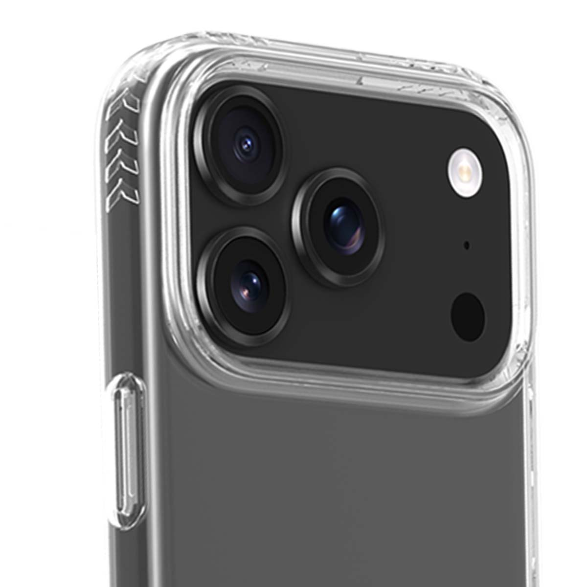 Primo piano di uno smartphone con tre obiettivi. Il telefono è in una custodia trasparente.