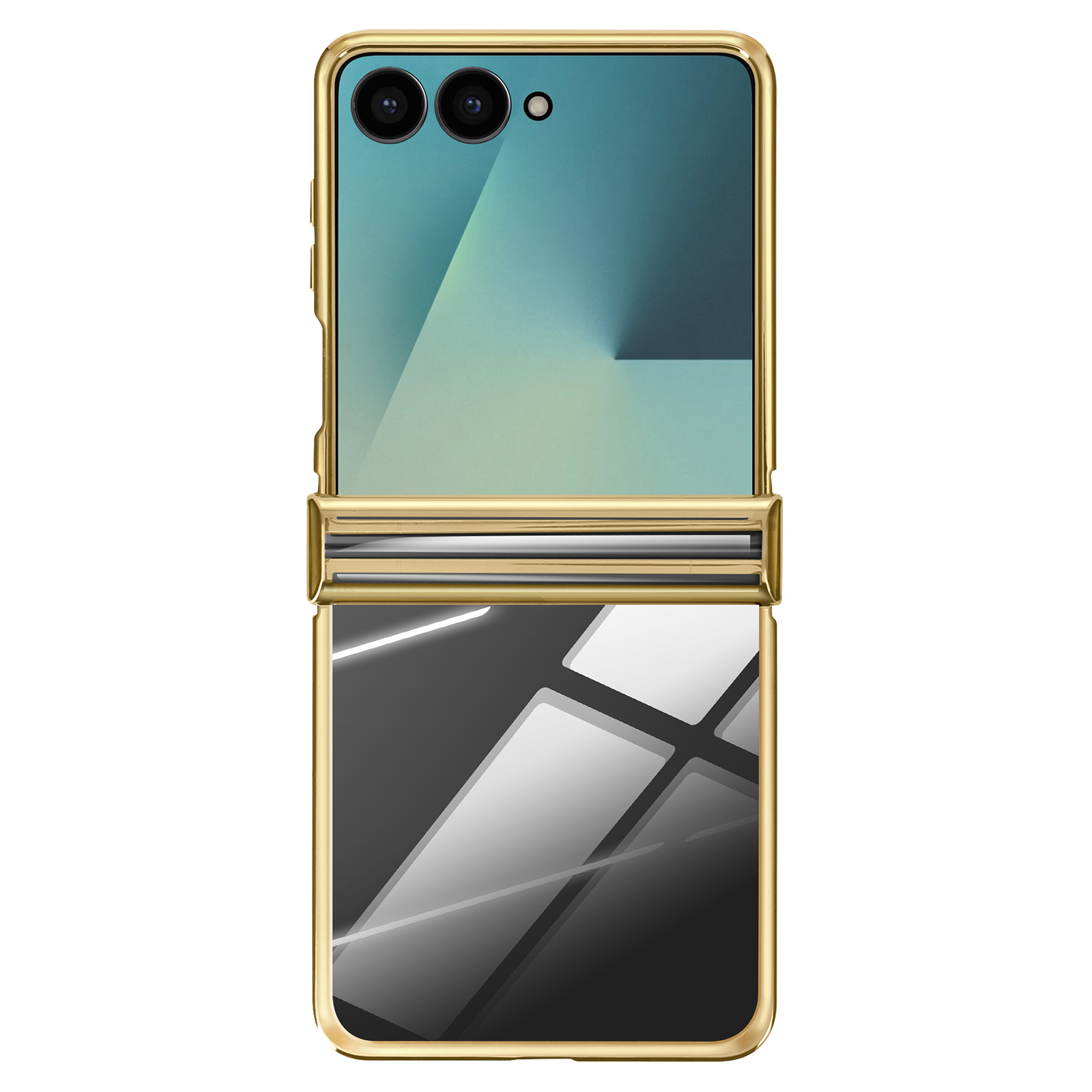 Een gouden smartphone, opgevouwen, met een turkoois scherm. De onderste helft is zwart en reflecterend.