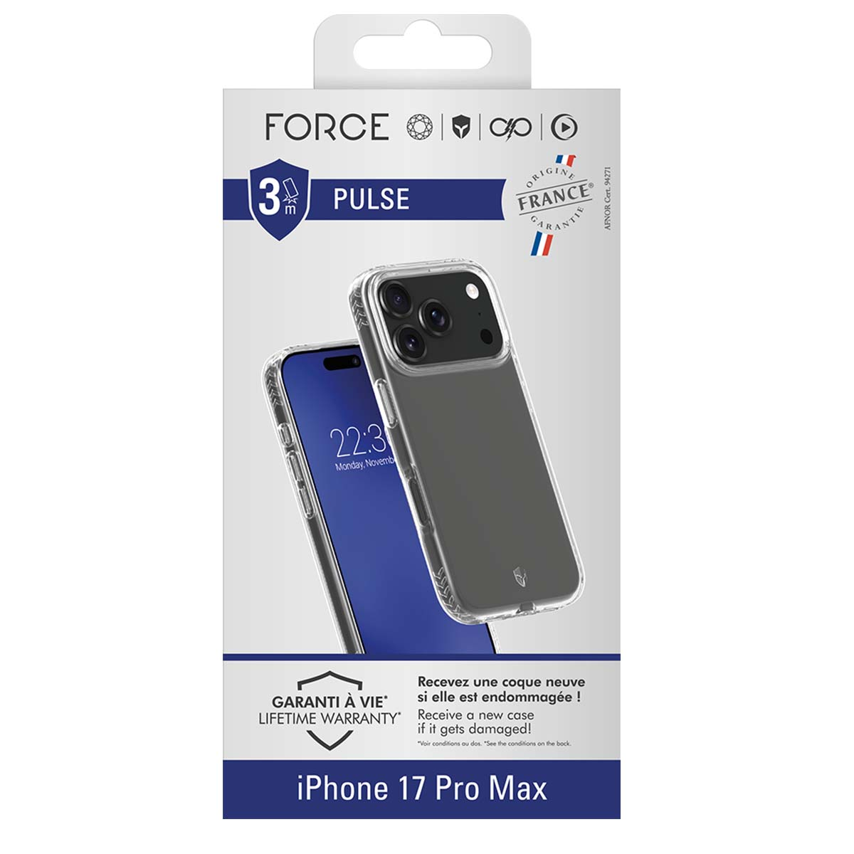 Una custodia per iPhone 17 Pro Max. La confezione mostra un telefono in una custodia trasparente. Il testo include 'FORCE' e 'LIFETIME WARRANTY'.