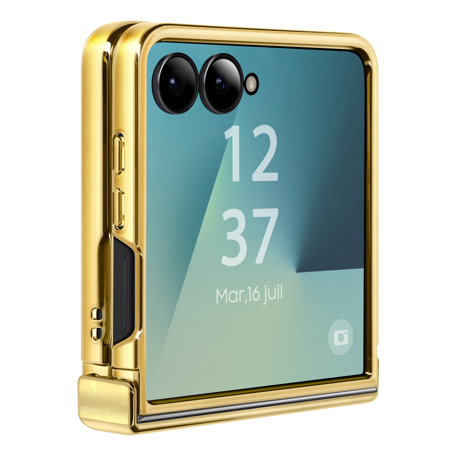 Gouden smartphone is gedeeltelijk open, toont 12:37, 16 maart. Het heeft dubbele camera's en glans.
