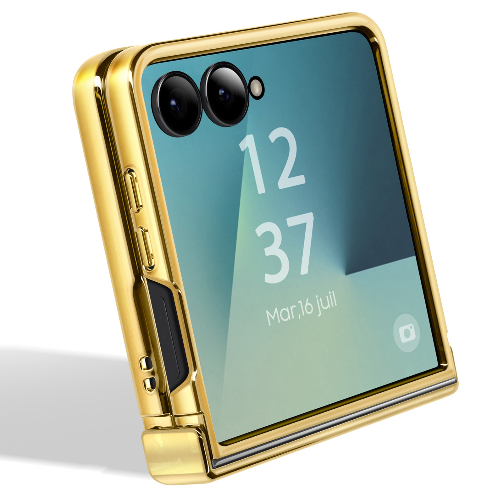 Een gouden smartphone is gedeeltelijk open, met een scherm met tijd en datum. De lijst is goudkleurig, met zwarte camera's.
