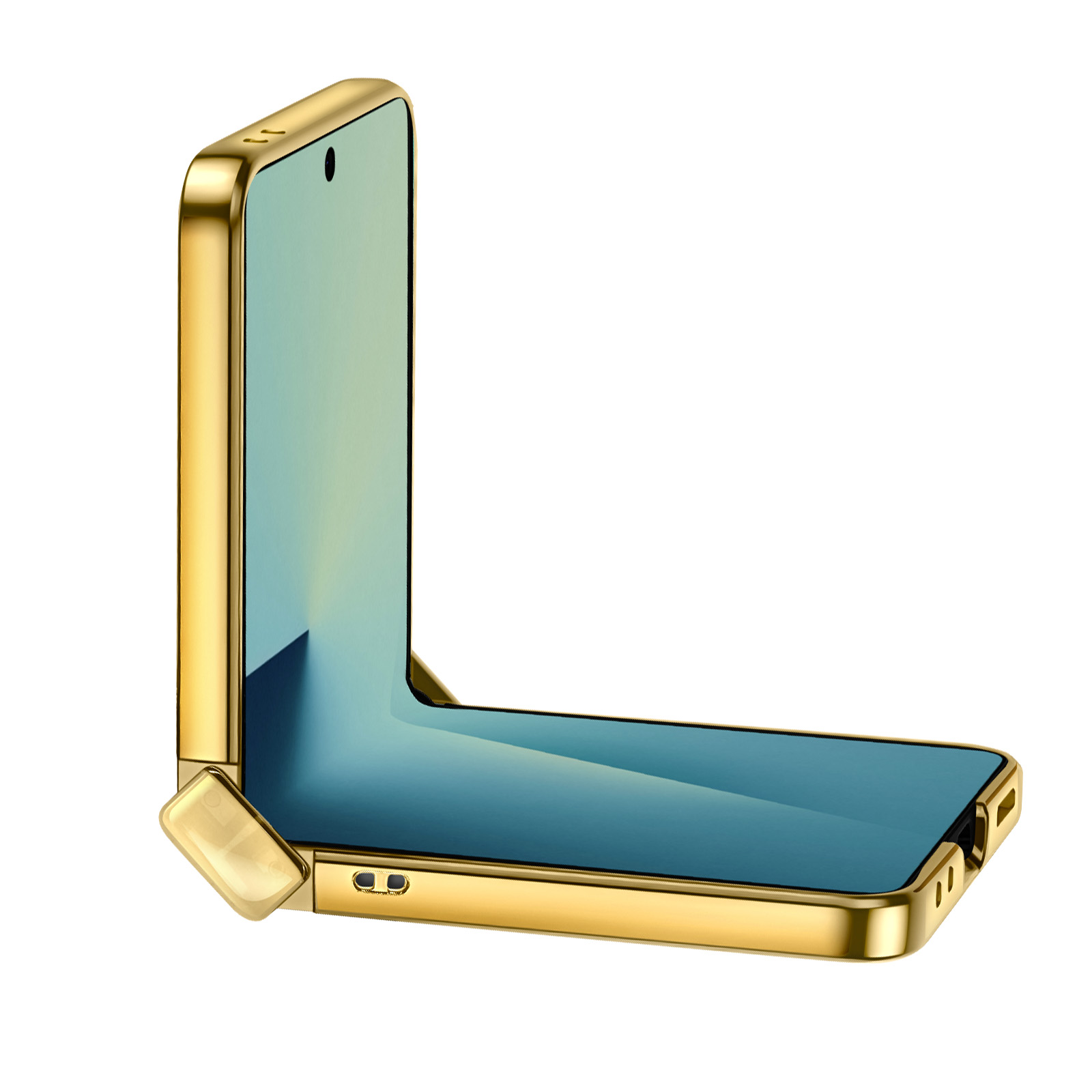 Een gouden opvouwbare smartphone is onder een hoek geopend. Het scherm is blauw en de rand is goud.