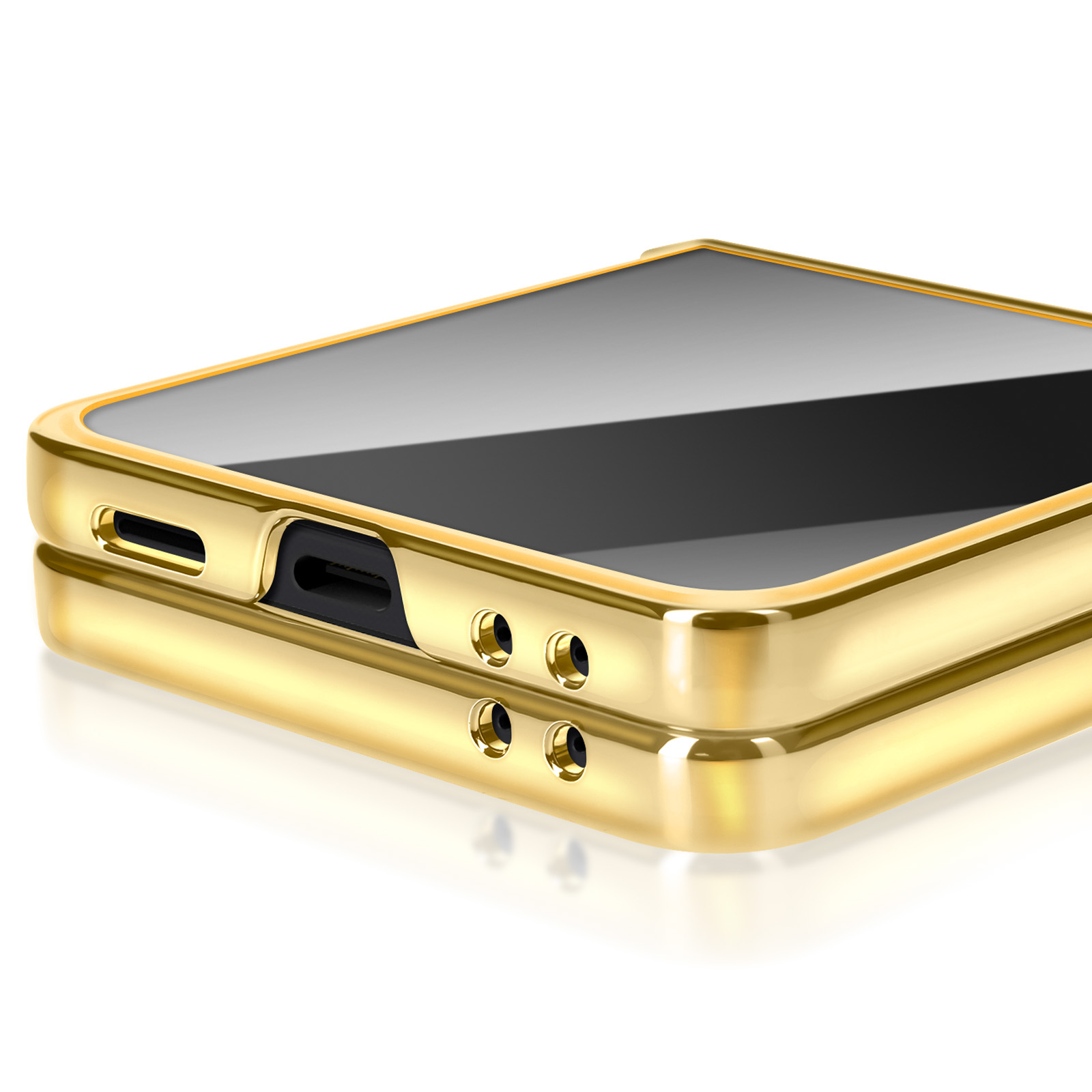 Een close-up van een goudkleurige telefoonhoes. De hoes heeft een zwart scherm. Er zijn gaten en poorten zichtbaar aan de zijkant.