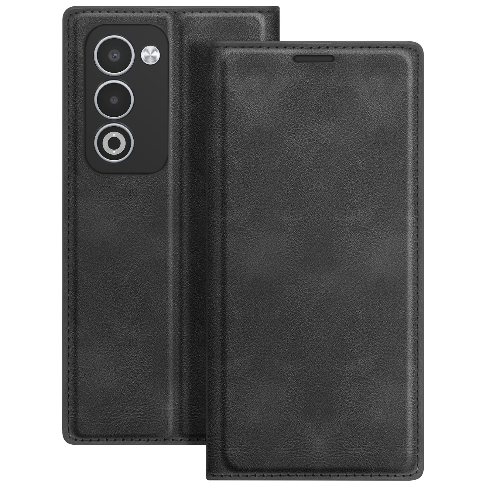 Custodia nera per telefono, aperta. Ha fori per la fotocamera sul lato sinistro. La custodia è realizzata in materiale strutturato.
