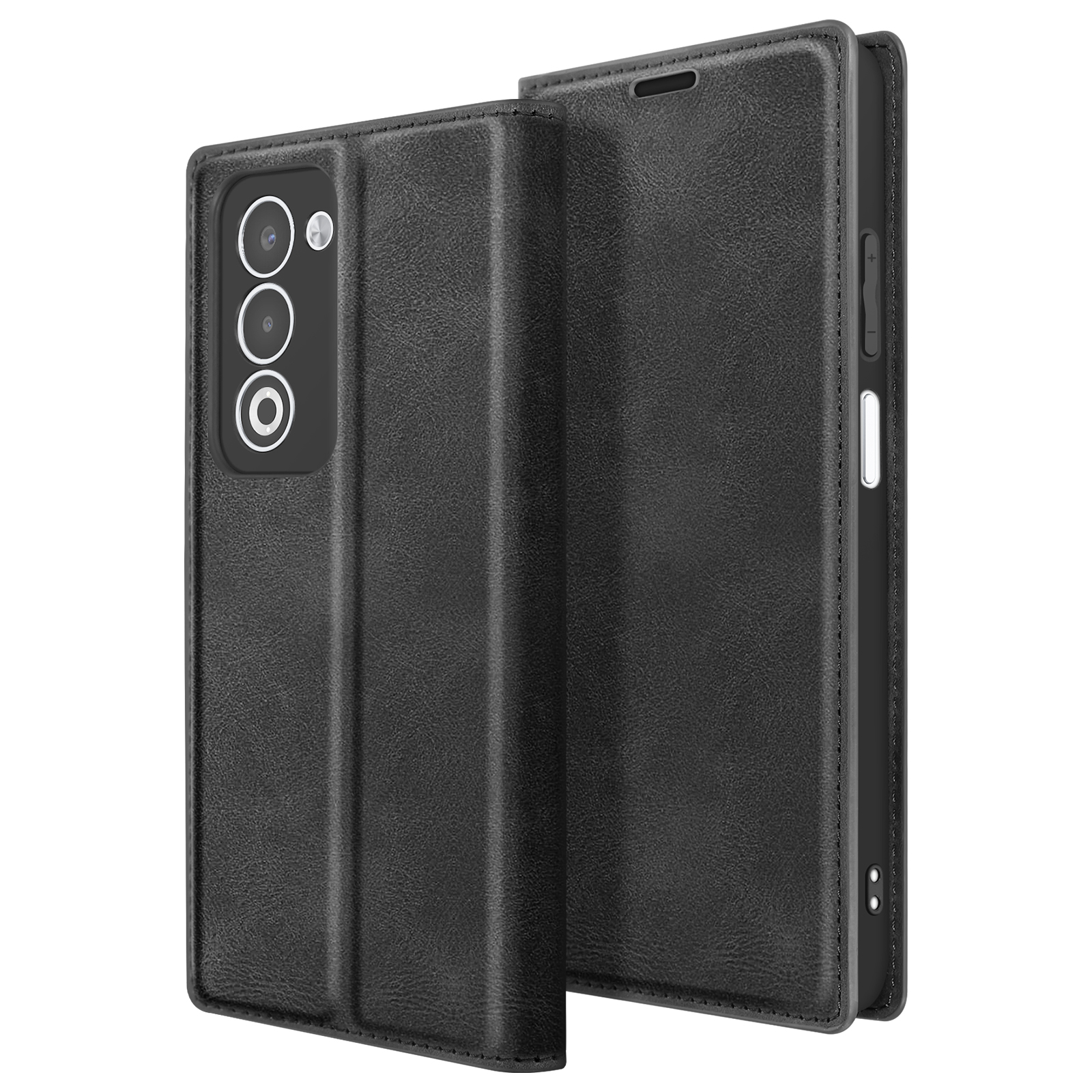 Custodia per telefono in pelle nera, aperta. Tre lenti della fotocamera a sinistra. Tasti del volume e di accensione visibili a destra.