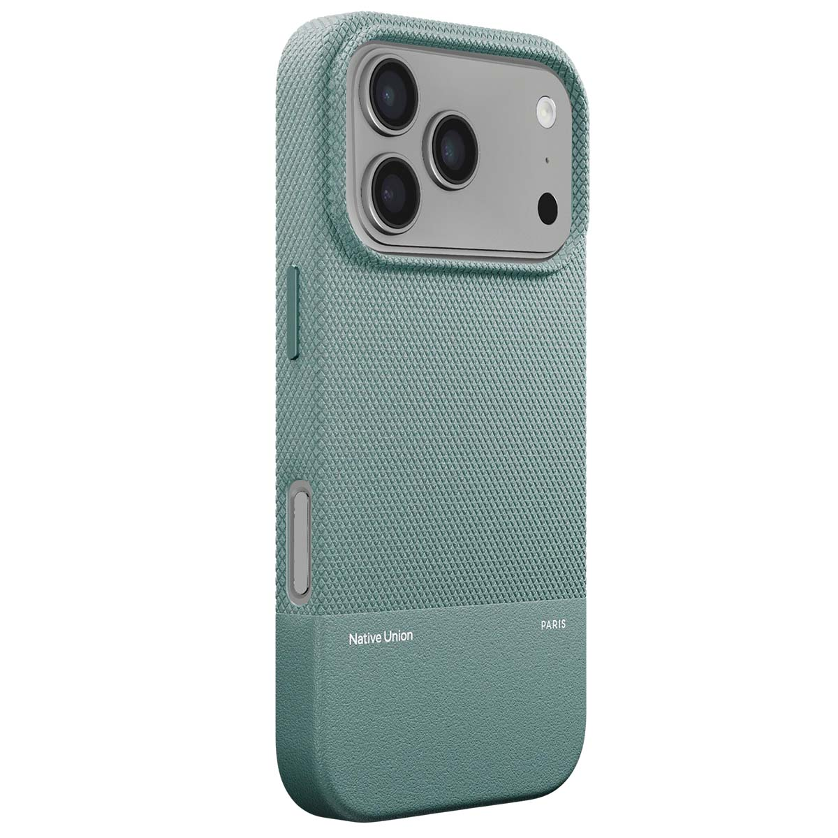 Una custodia per iPhone verde acqua con un ritaglio per la fotocamera. 'Native Union' e 'Paris' sono stampati. La custodia ha una superficie strutturata.