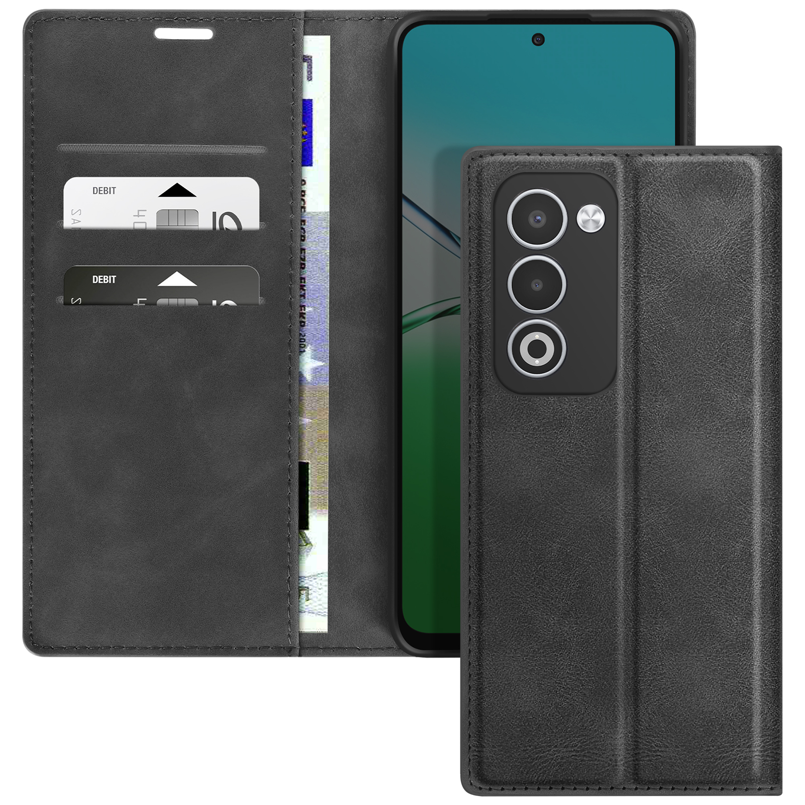 Custodia nera per telefono con telefono all'interno, carte di credito e denaro. La custodia è aperta.