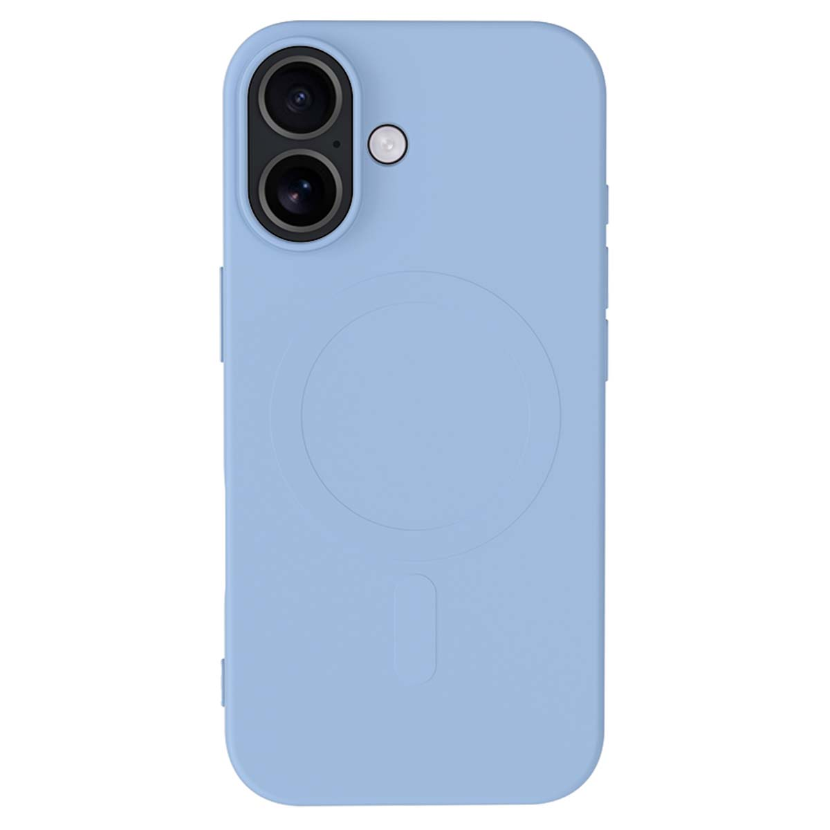 Una custodia per telefono azzurra con un ritaglio per la fotocamera e un design circolare. Ha due obiettivi e un piccolo cerchio.